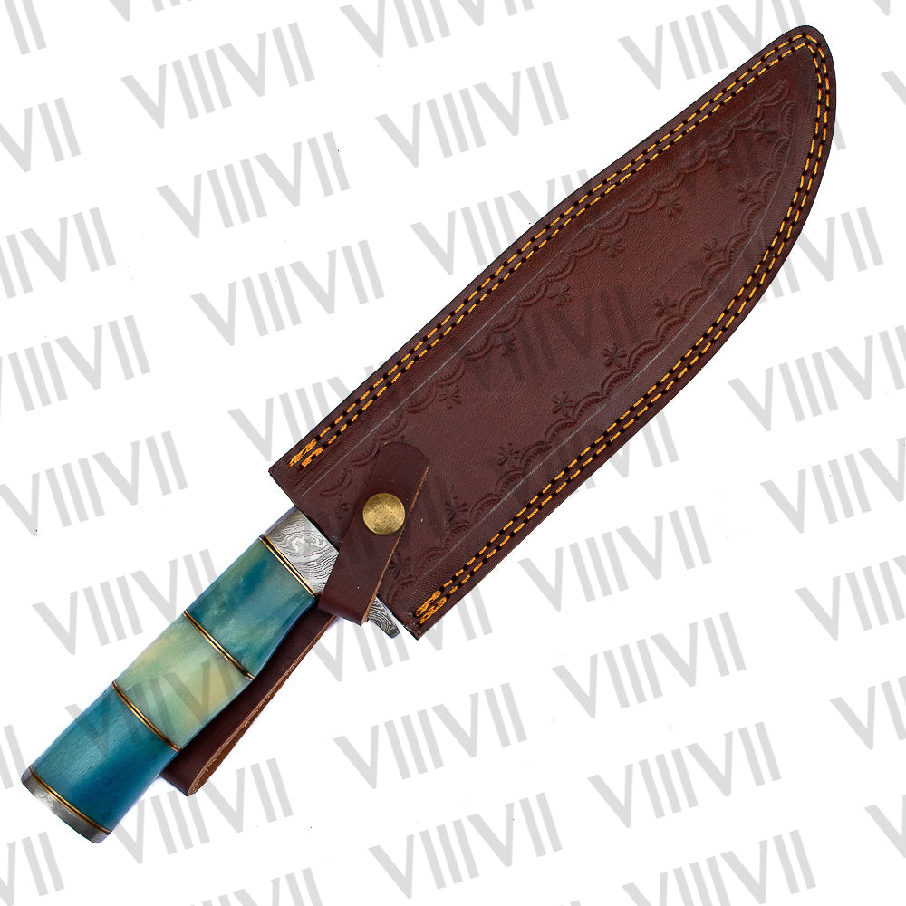 Damascus Steel Bowie Knife – Blue Dyed Bone Handle with Brass Spacers & Leather Sheath | Gift for Collectors & Hunters