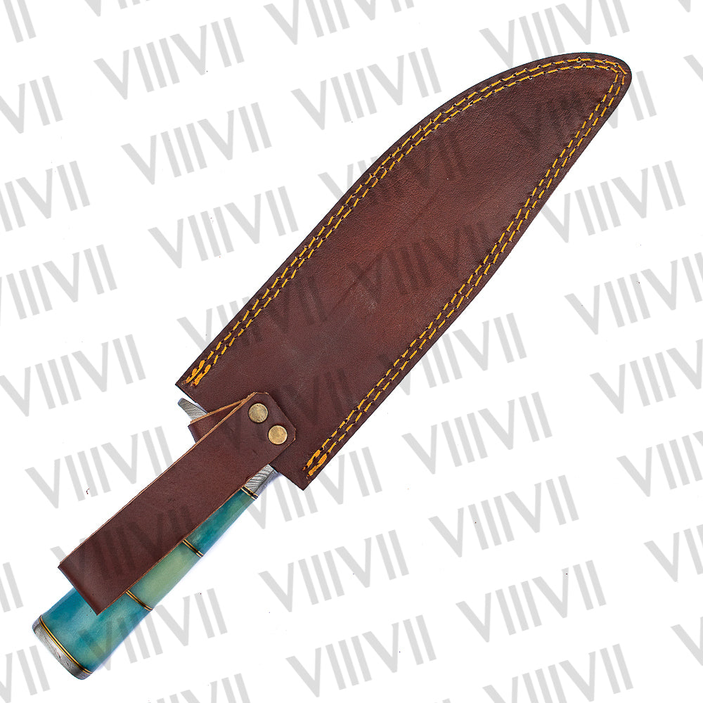 Damascus Steel Bowie Knife – Blue Dyed Bone Handle with Brass Spacers & Leather Sheath | Gift for Collectors & Hunters