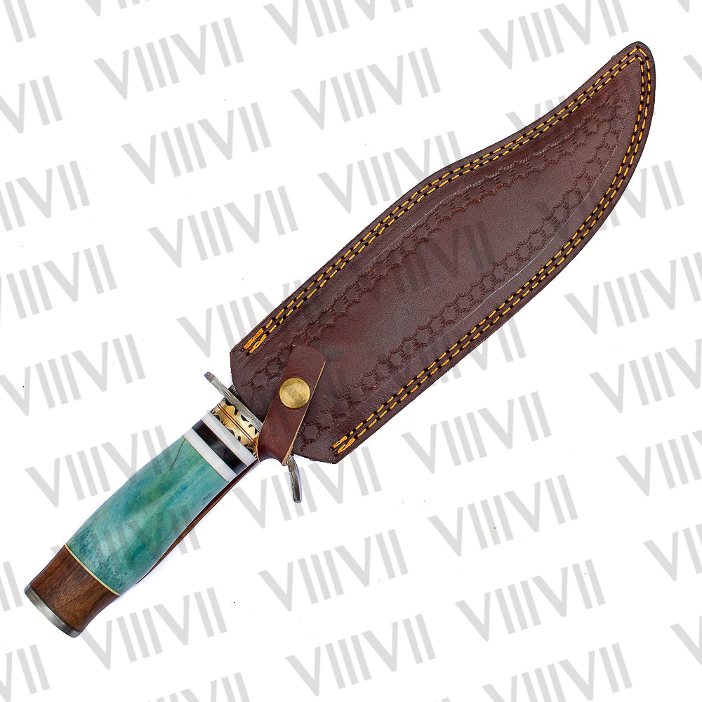 Hand Forged Damascus Bowie Knife – Bone & Rosewood Handle with Leather Sheath | Gift for Hunters & Collectors