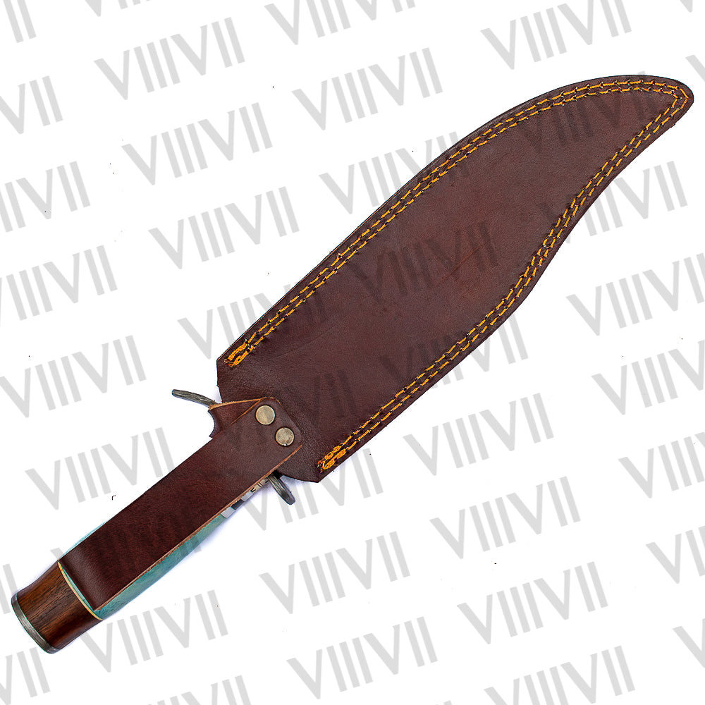 Hand Forged Damascus Bowie Knife – Bone & Rosewood Handle with Leather Sheath | Gift for Hunters & Collectors