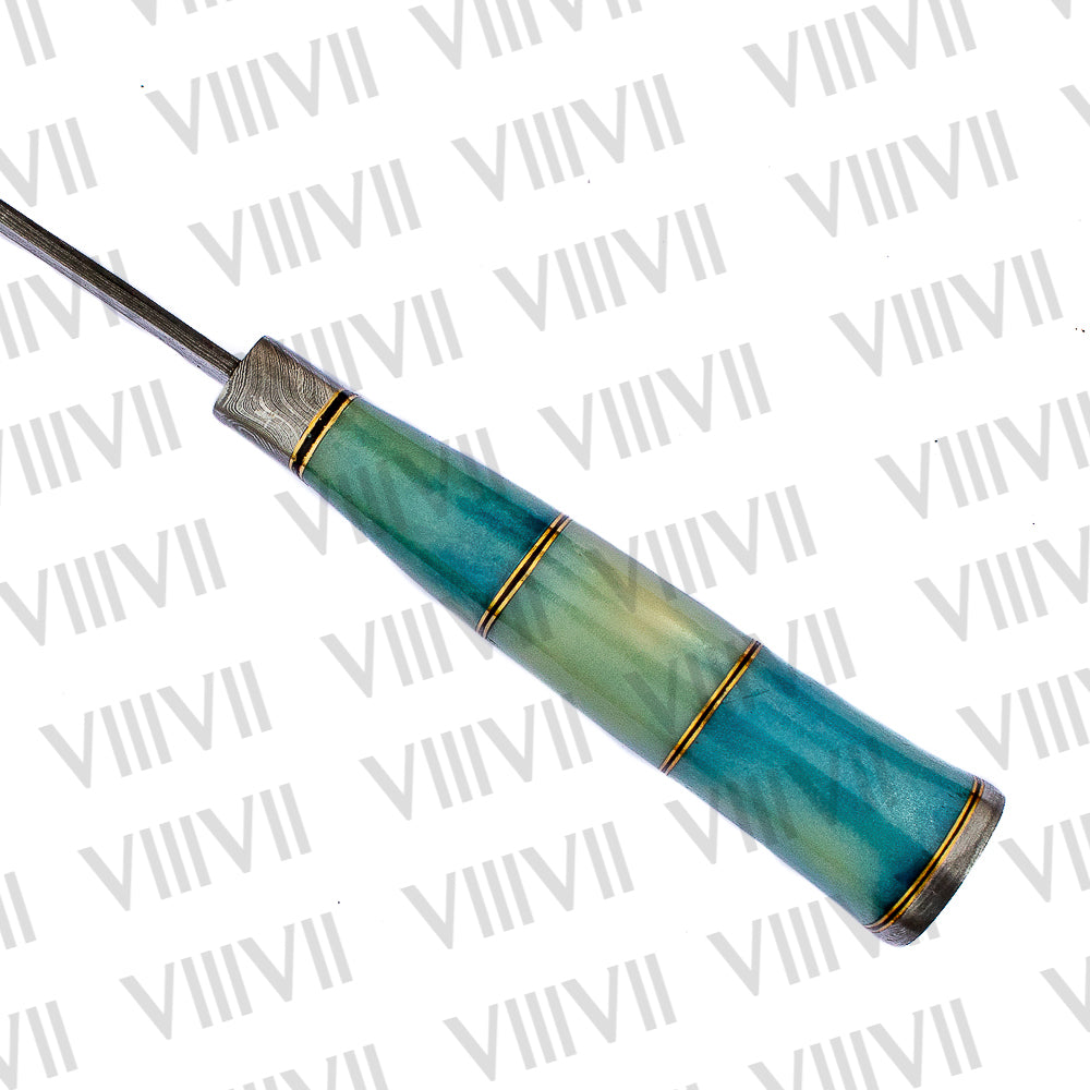 Damascus Steel Bowie Knife – Blue Dyed Bone Handle with Brass Spacers & Leather Sheath | Gift for Collectors & Hunters