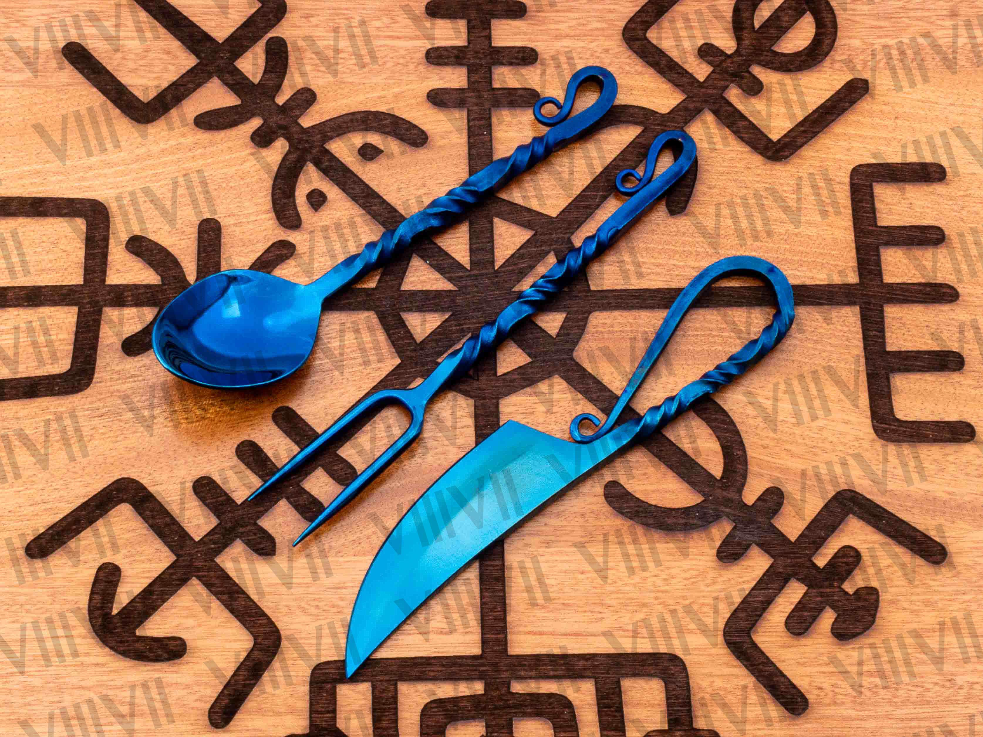 Viking Cutlery set Double twist handle heat treated Blue color and Aniline leather sheath
