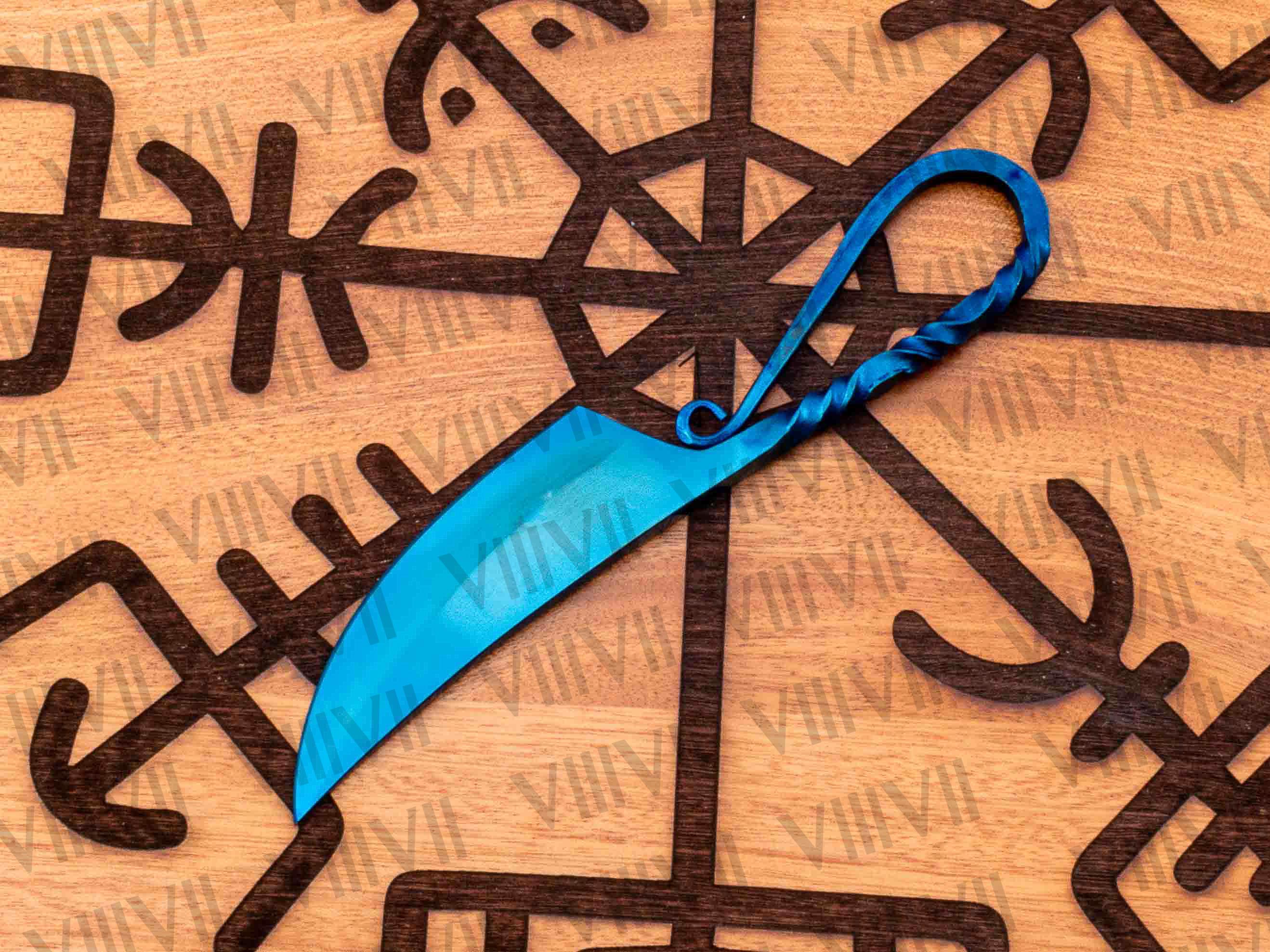 Viking Cutlery set Double twist handle heat treated Blue color and Aniline leather sheath