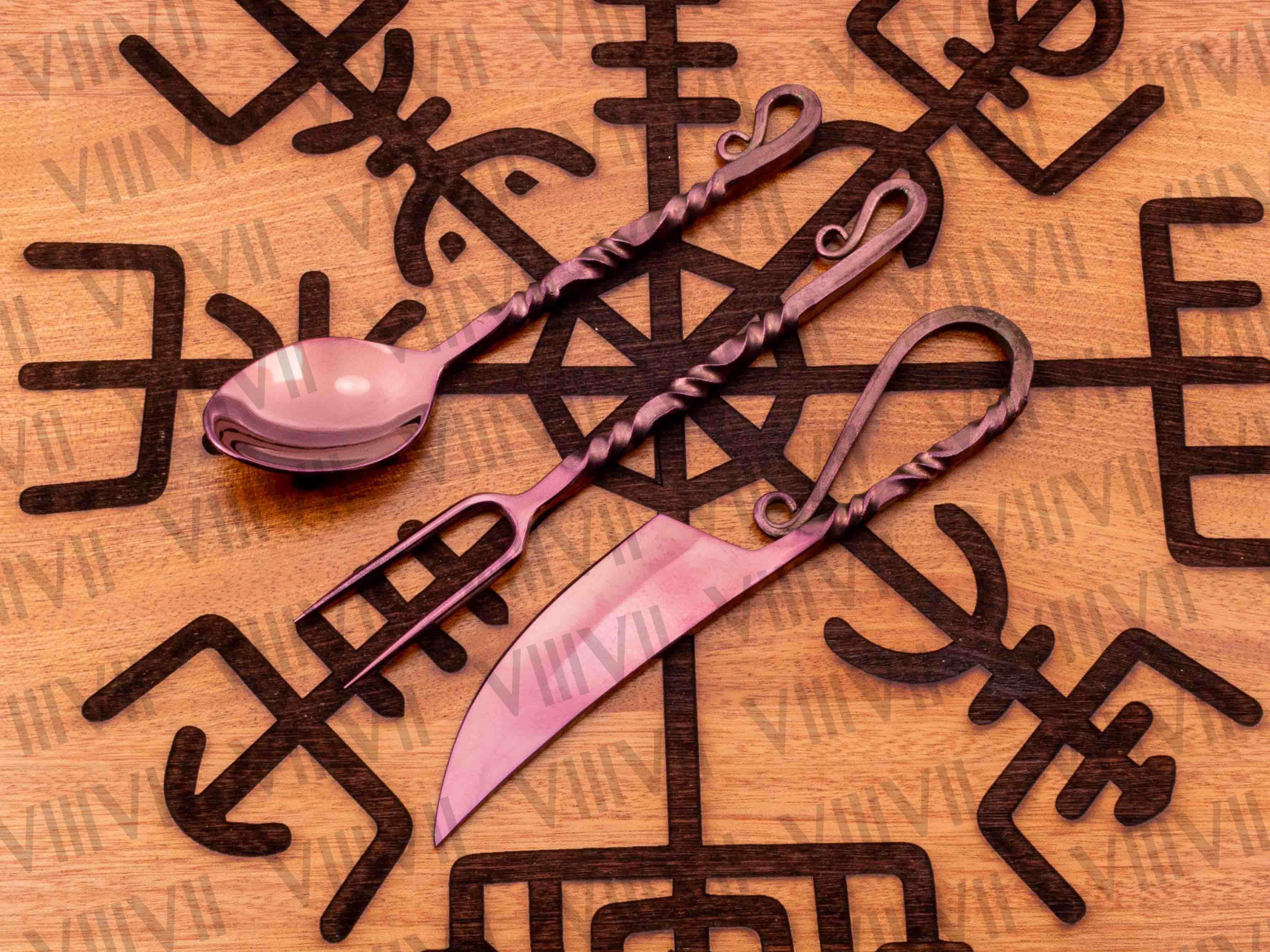 Viking Cutlery set Double twist handle heat treated Rose gold color and Aniline leather sheath
