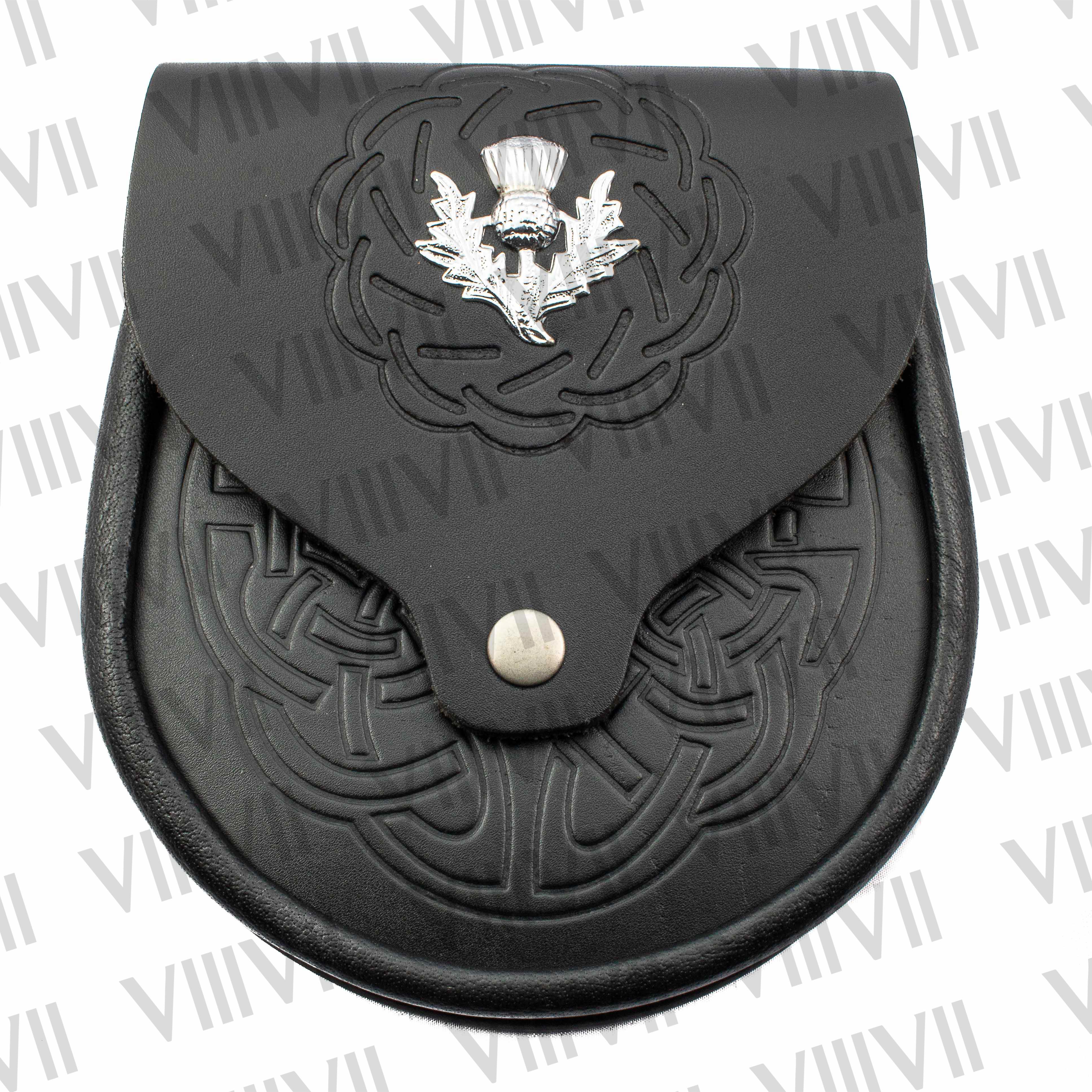 Genuine Leather Black Day Sporran with Thistle Badge and Celtic Embossed Front Perfect for Highland Events and Scottish Weddings