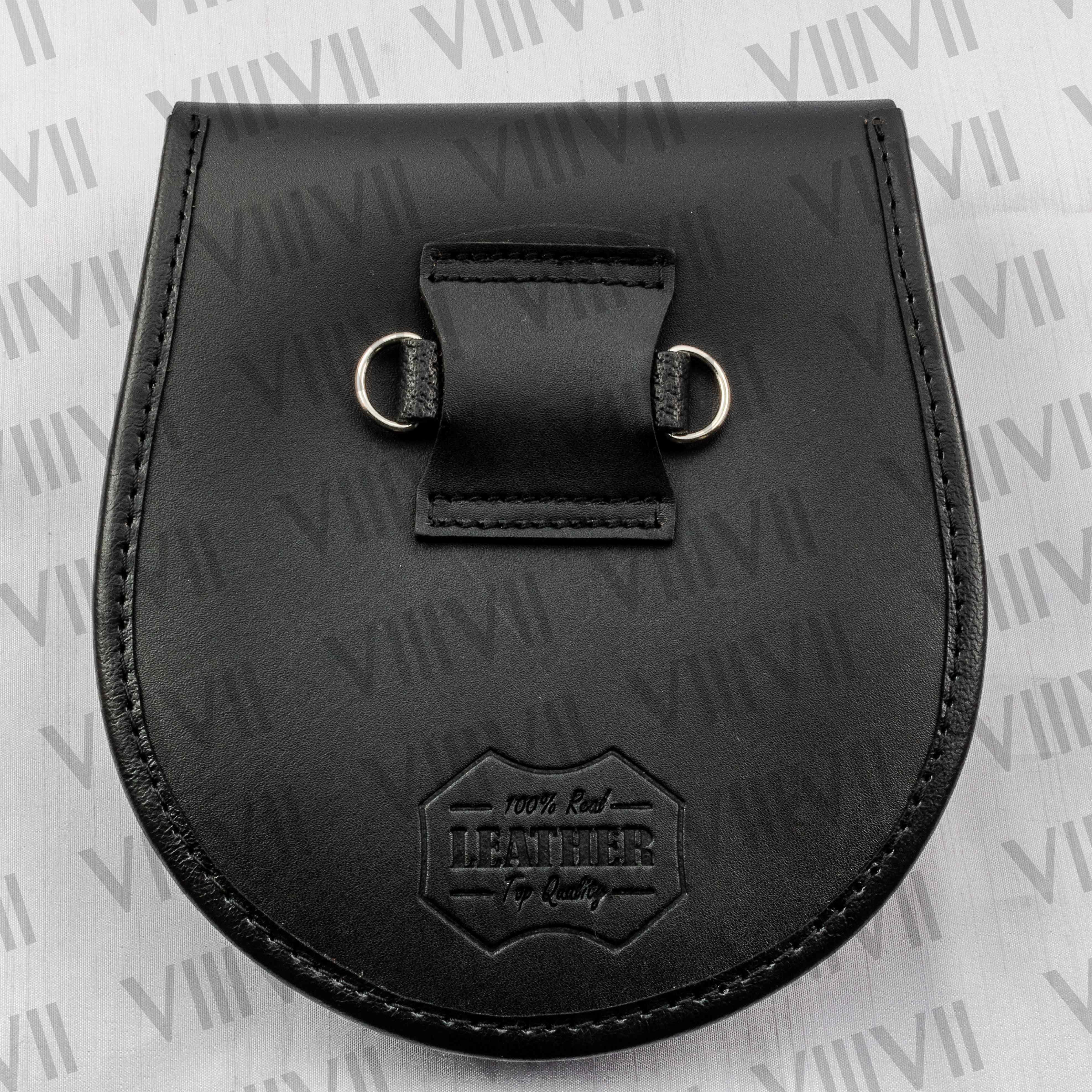 Genuine Leather Black Day Sporran with Thistle Badge and Celtic Embossed Front Perfect for Highland Events and Scottish Weddings