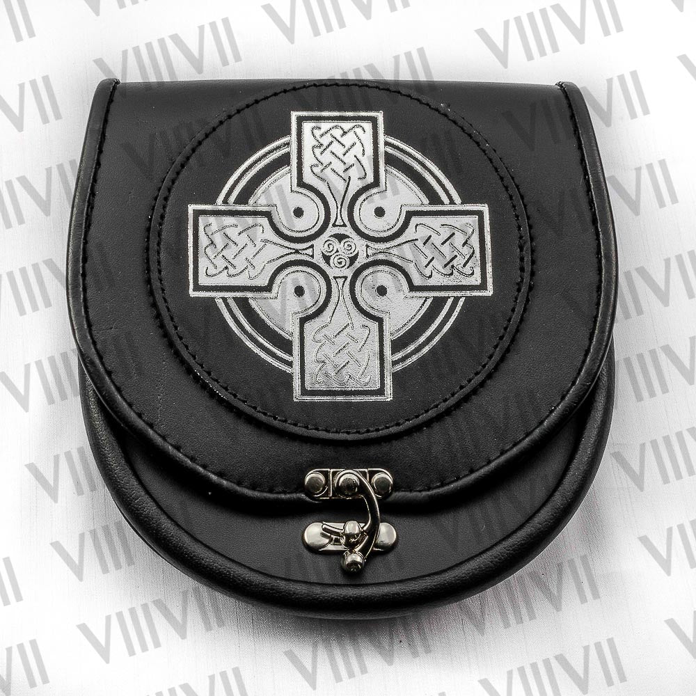 Genuine Leather Black Day Sporran with Celtic Silver Print on Flap Perfect for Highland Games, Weddings and Formal Scottish Events