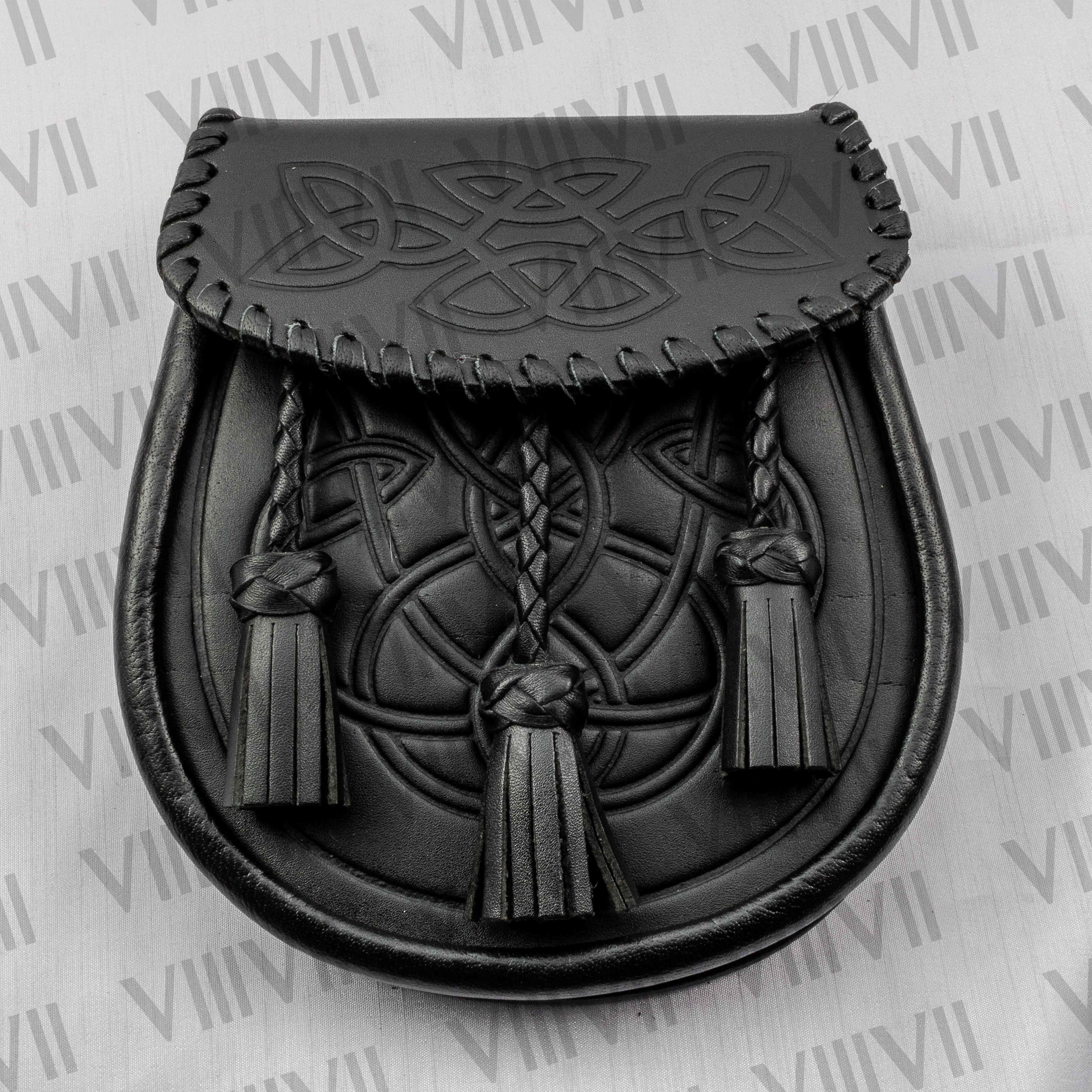 Black Scottish sporran with braided and embossed Celtic flap handcrafted genuine leather kilt pouch for Highland games weddings parades