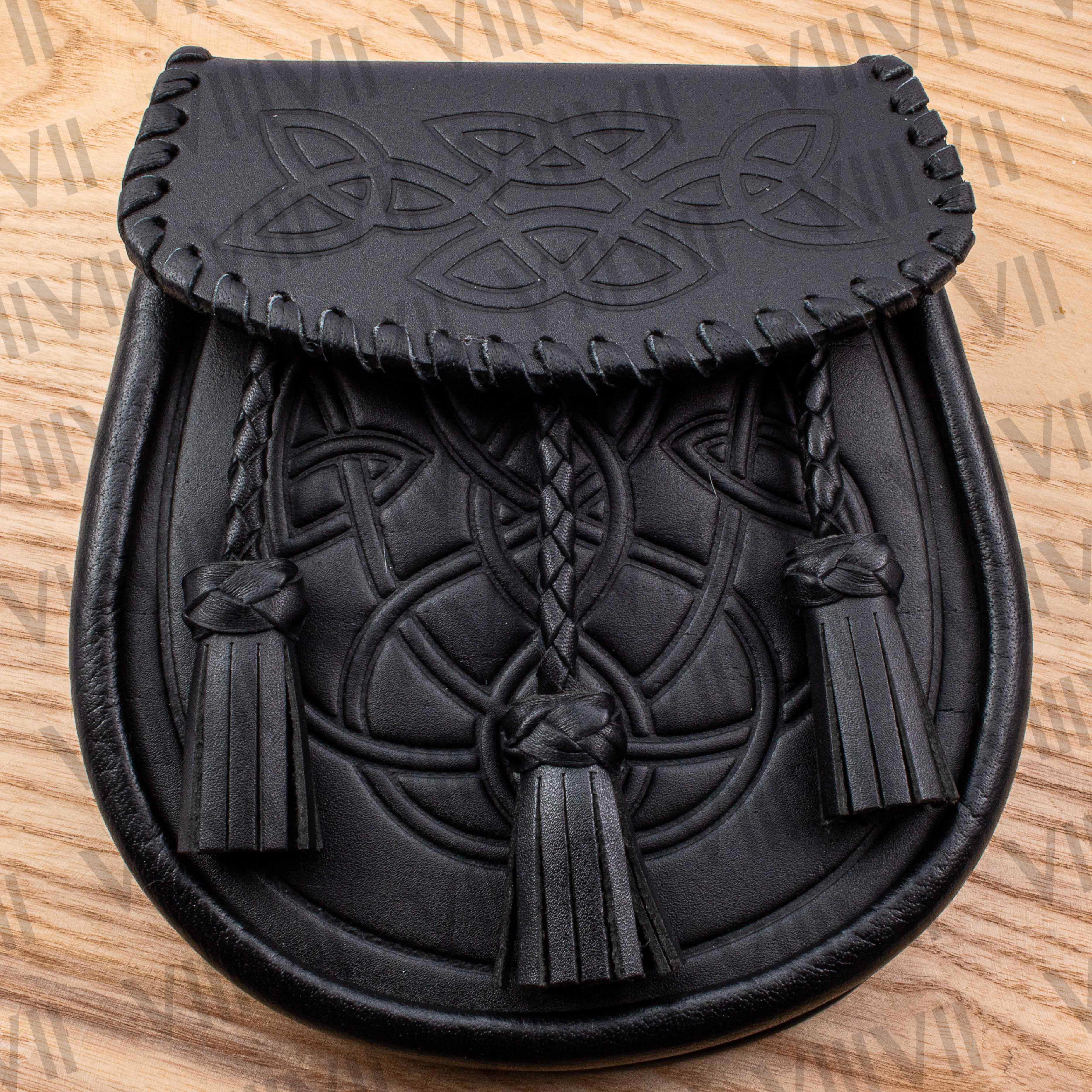 Black Scottish sporran with braided and embossed Celtic flap handcrafted genuine leather kilt pouch for Highland games weddings parades