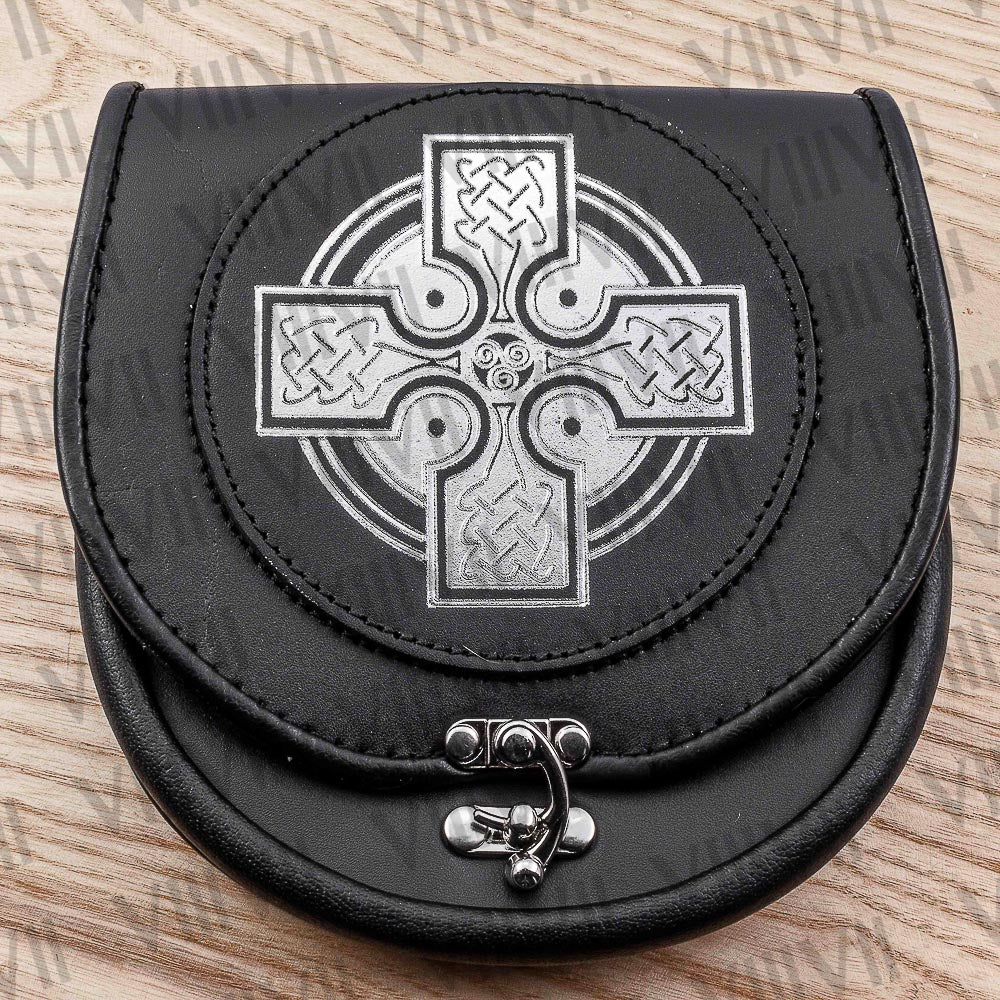 Genuine Leather Black Day Sporran with Celtic Silver Print on Flap Perfect for Highland Games, Weddings and Formal Scottish Events