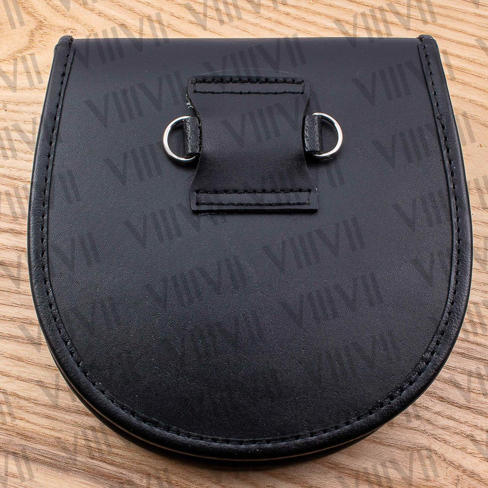 Genuine Leather Black Day Sporran with Celtic Silver Print on Flap Perfect for Highland Games, Weddings and Formal Scottish Events
