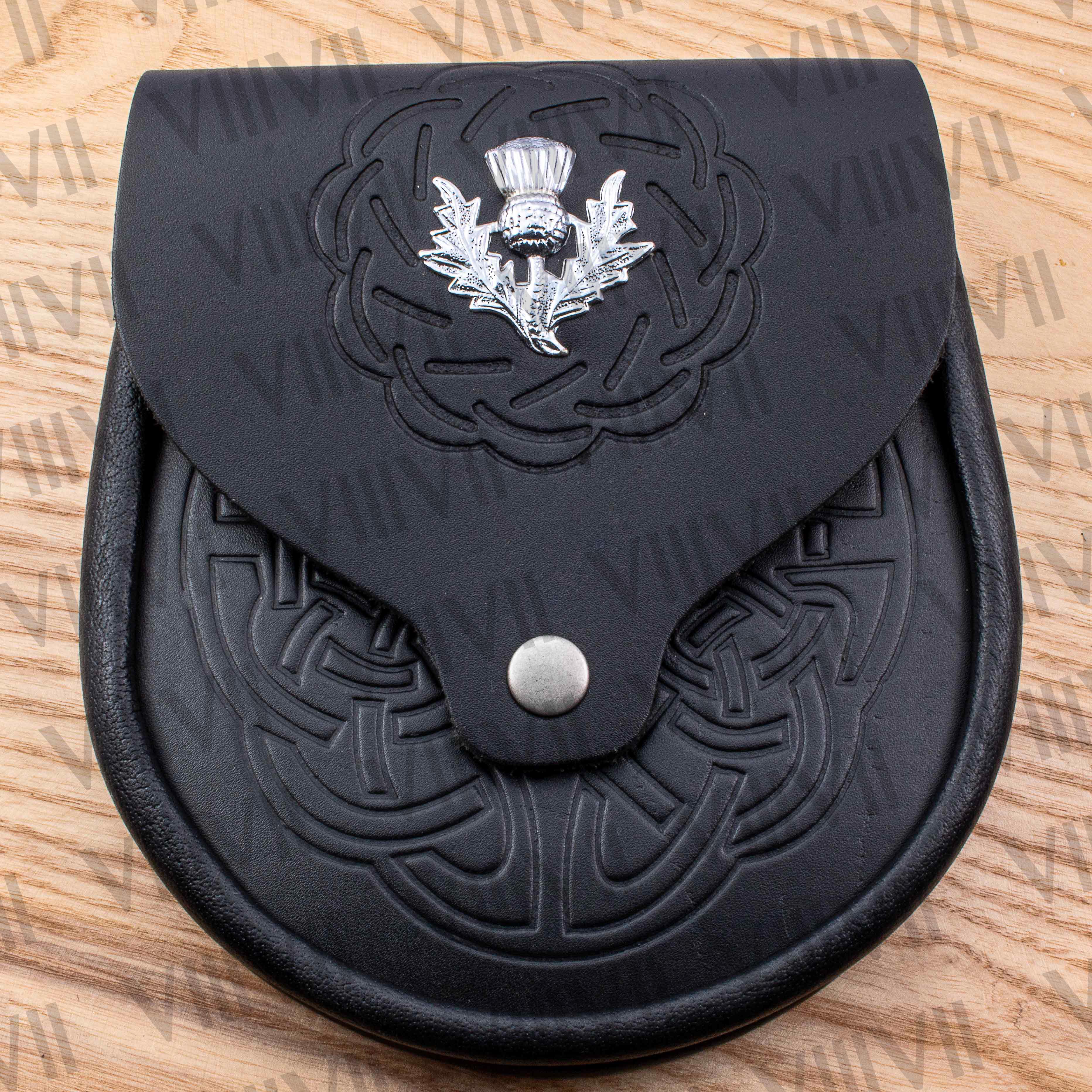 Genuine Leather Black Day Sporran with Thistle Badge and Celtic Embossed Front Perfect for Highland Events and Scottish Weddings