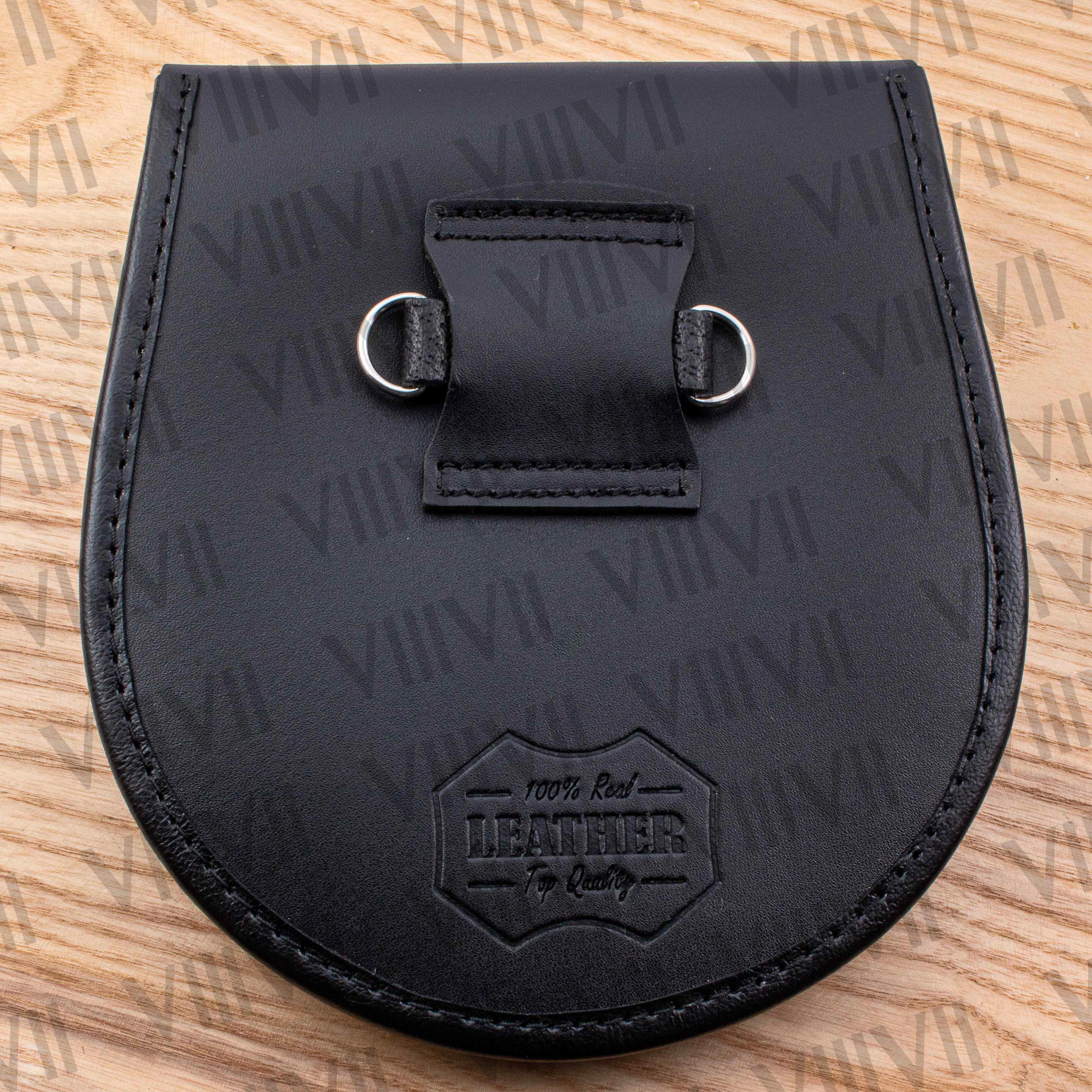 Genuine Leather Black Day Sporran with Thistle Badge and Celtic Embossed Front Perfect for Highland Events and Scottish Weddings
