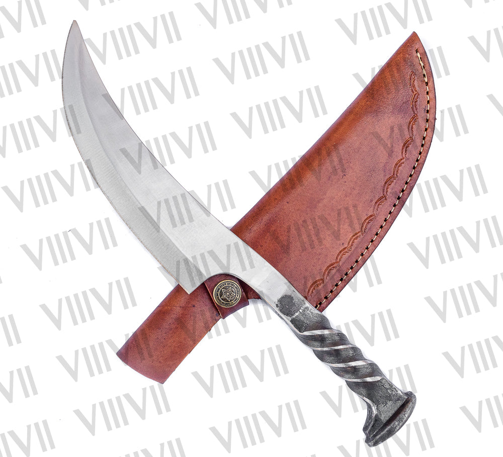 Hand Forged Railroad Spike Knife | Double Twisted Handle with Leather Sheath | Unique Handmade Gift