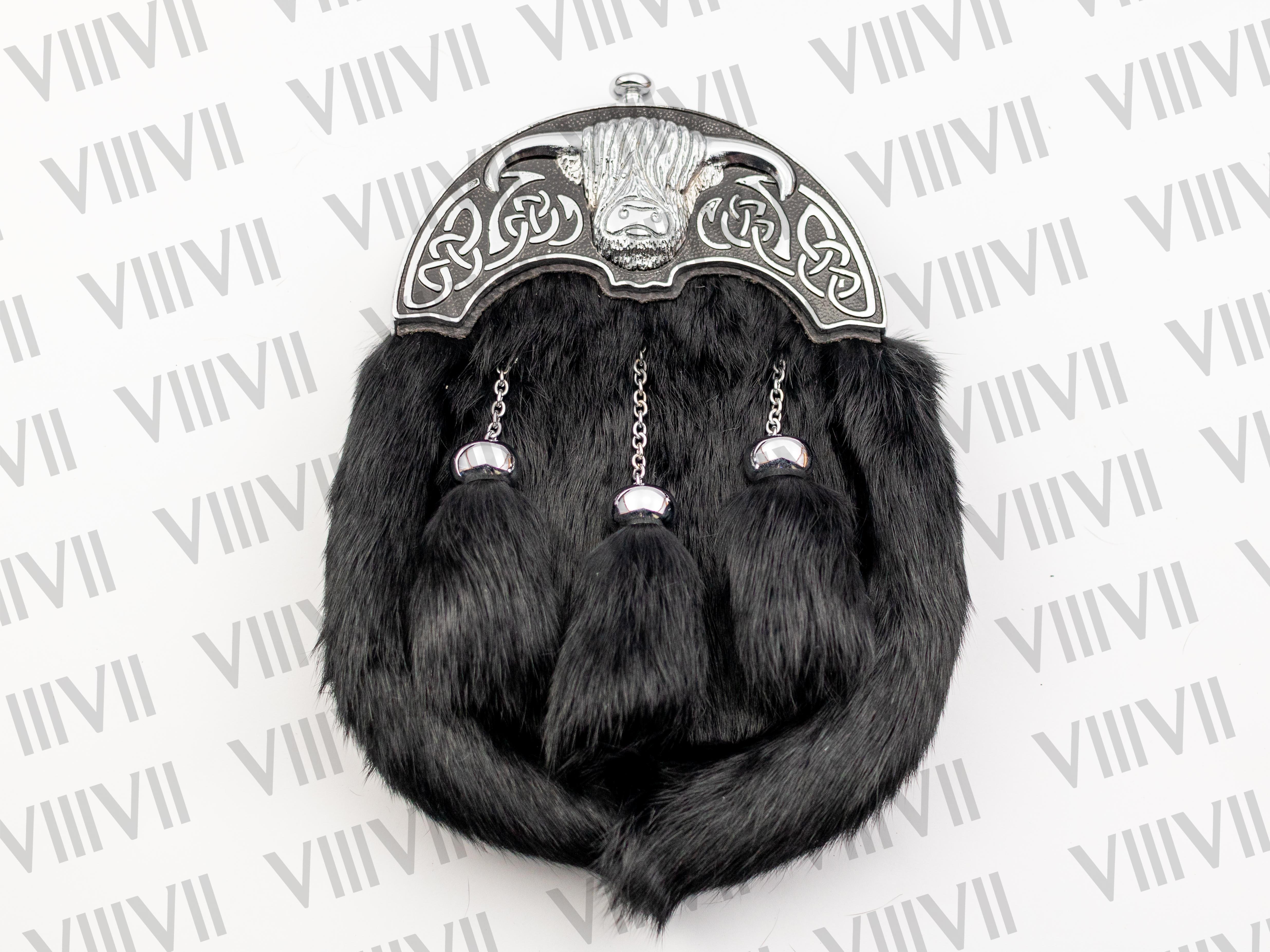 Black Rabbit Fur Sporran Full Dress with Chrome Bull Cantle for Highland Games Scottish Weddings Clan Gatherings Burns Night Parades