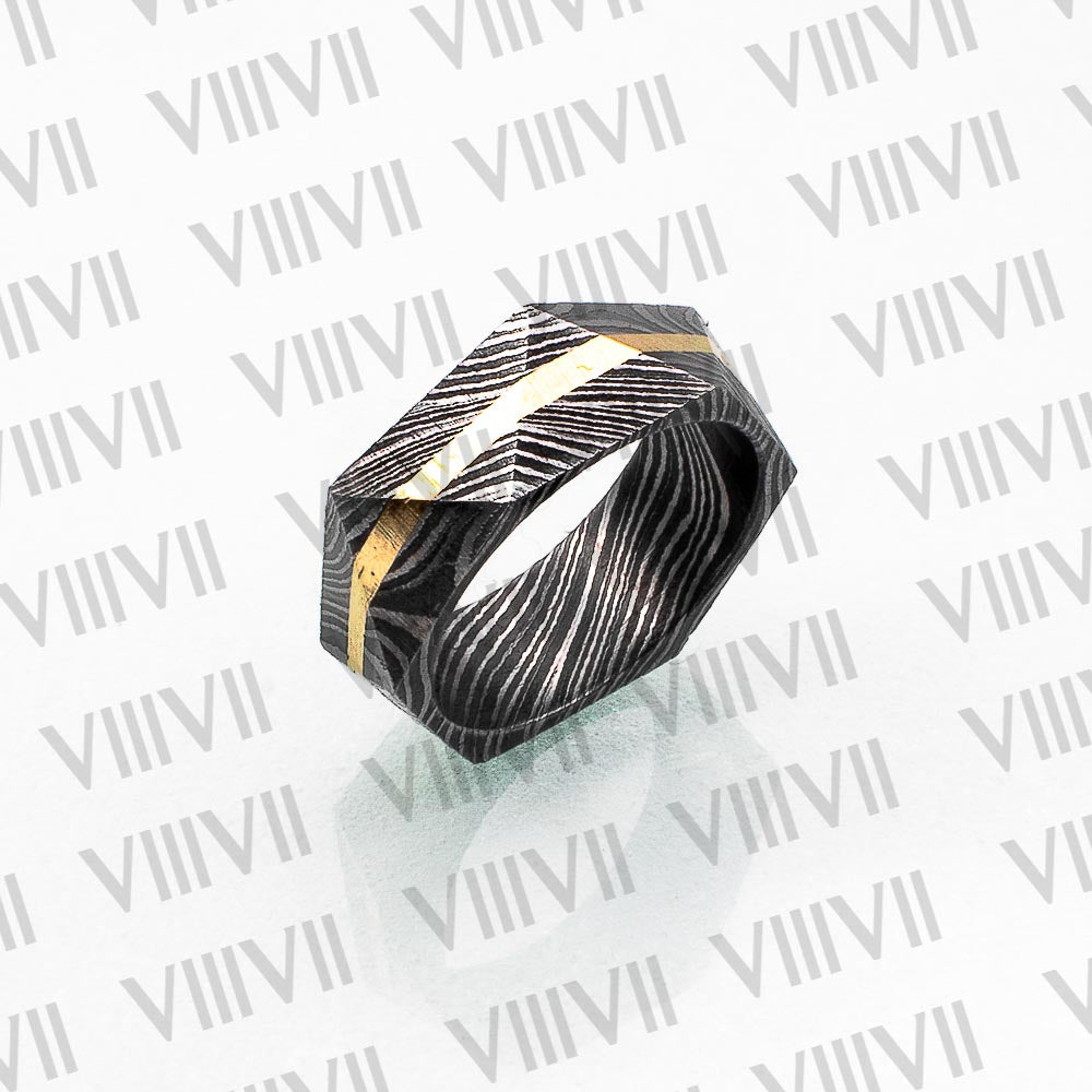 Tri facet Damascus ring with brass inlay comes in rosewood handmade gift box