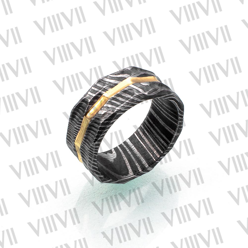 Damascus steel hammered style brass inlay ring with rosewood gift box
