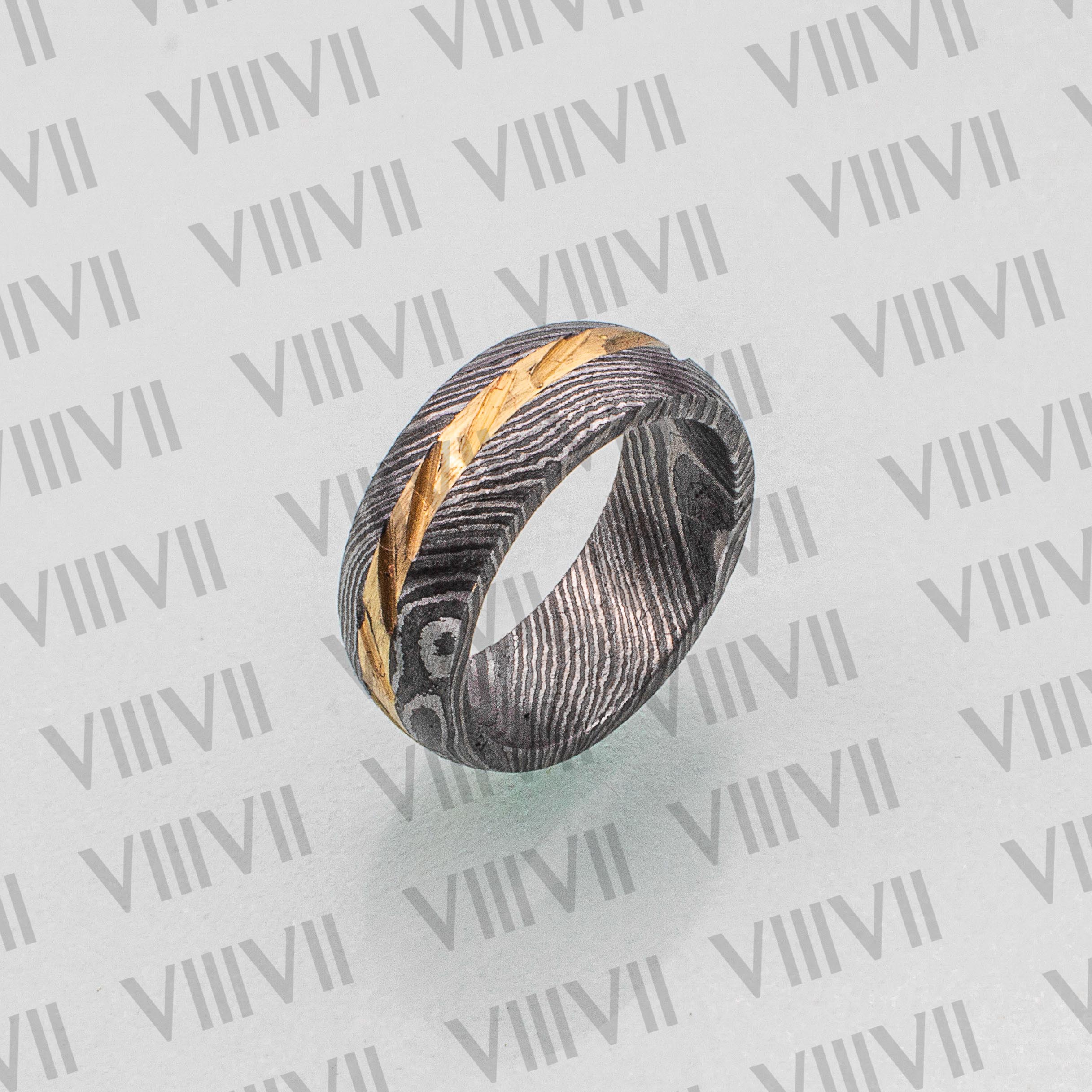 Damascus steel ring with brass cut inlay style comes in rosewood gift box