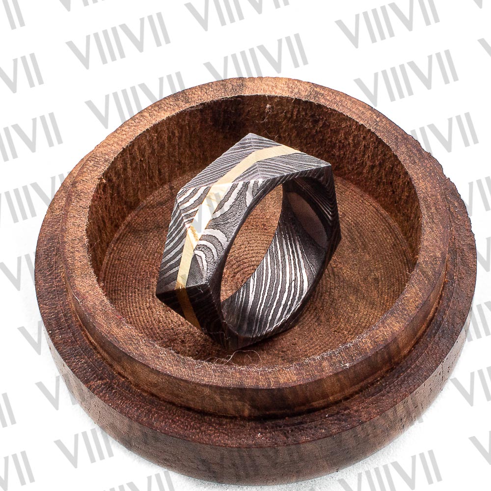 Tri facet Damascus ring with brass inlay comes in rosewood handmade gift box