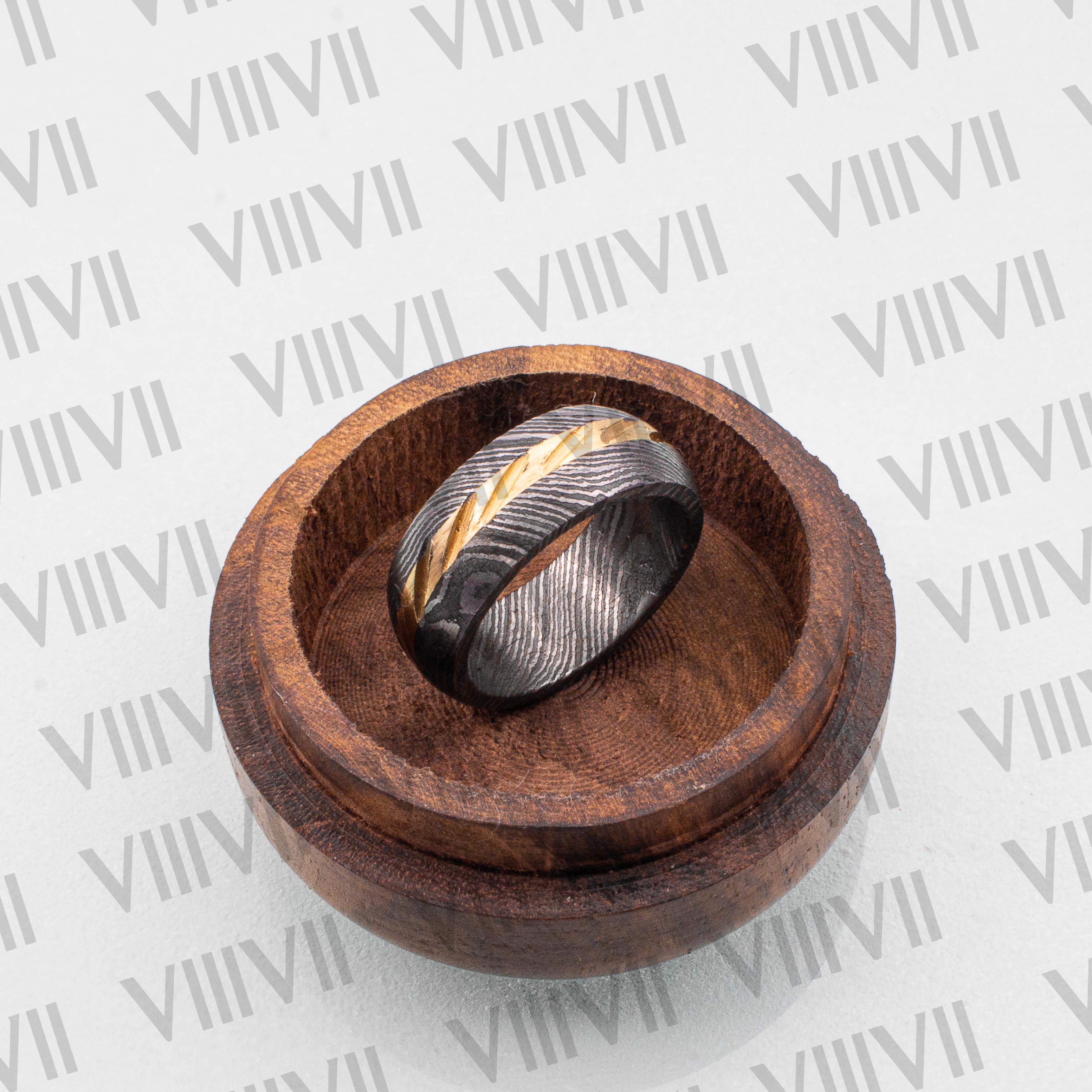 Damascus steel ring with brass cut inlay style comes in rosewood gift box