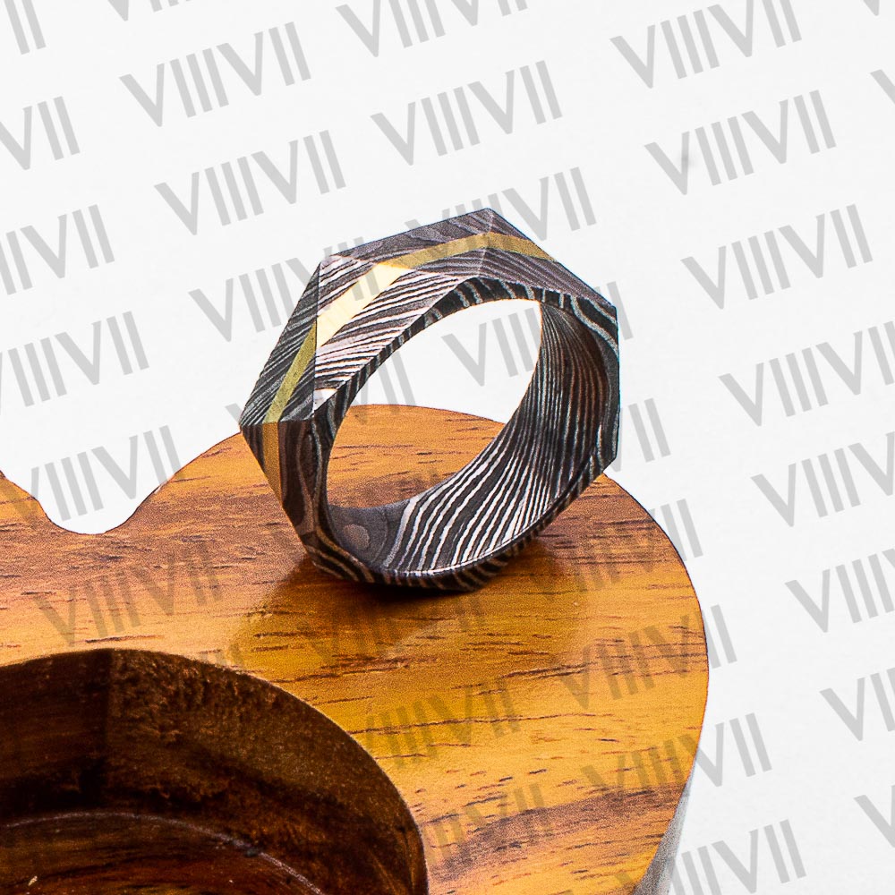 Tri facet Damascus ring with brass inlay comes in rosewood handmade gift box