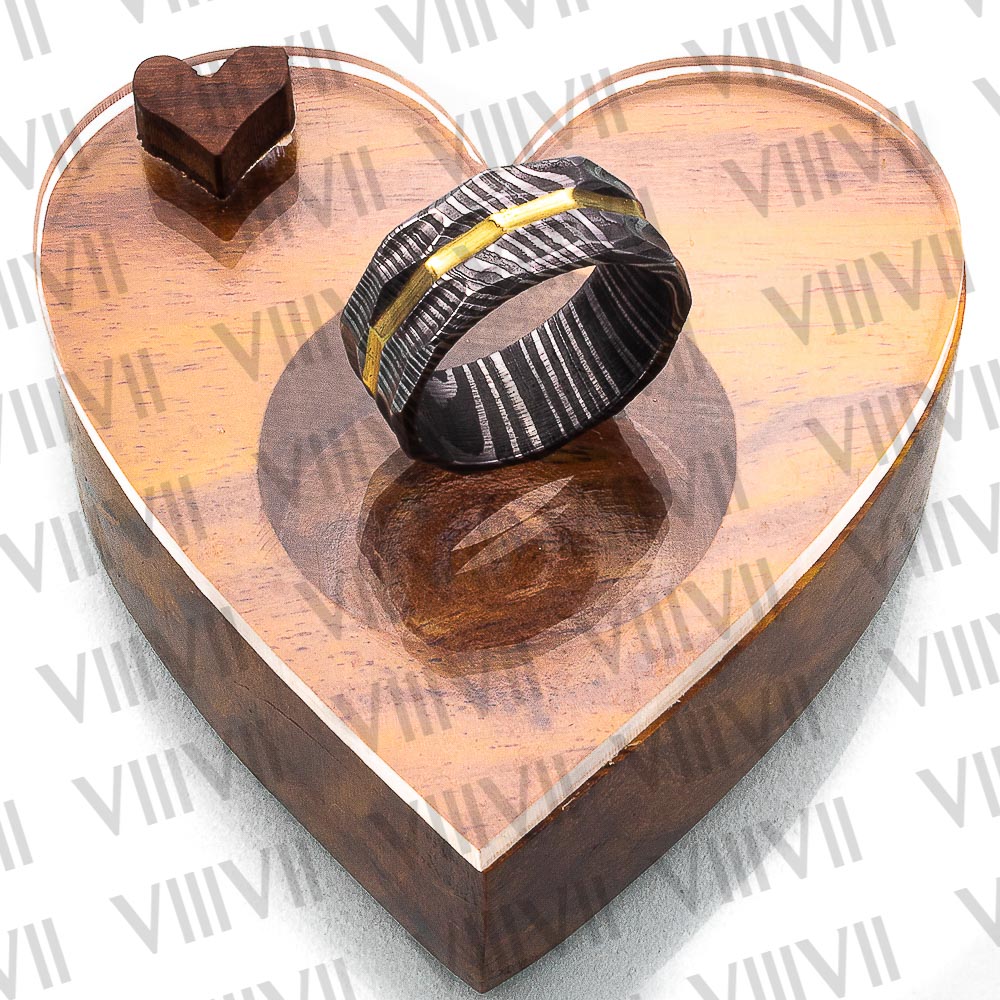 Damascus steel hammered style brass inlay ring with rosewood gift box