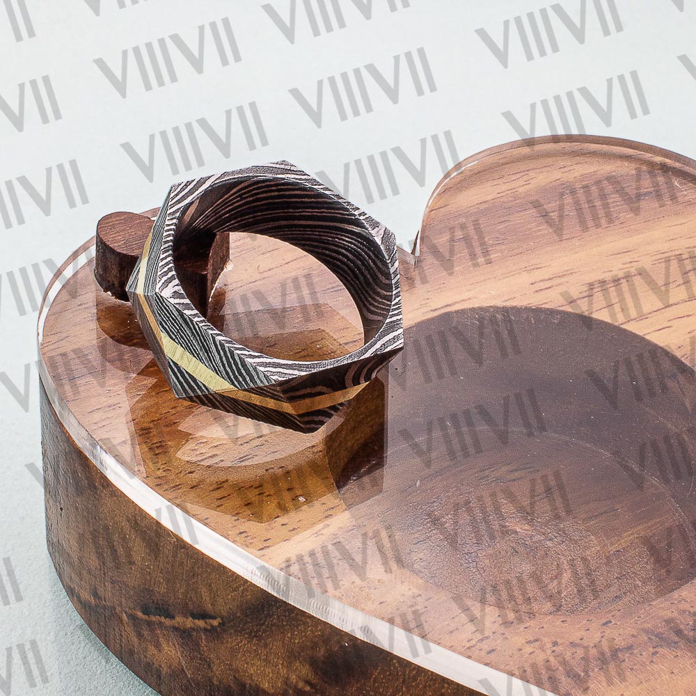 Tri facet Damascus ring with brass inlay comes in rosewood handmade gift box