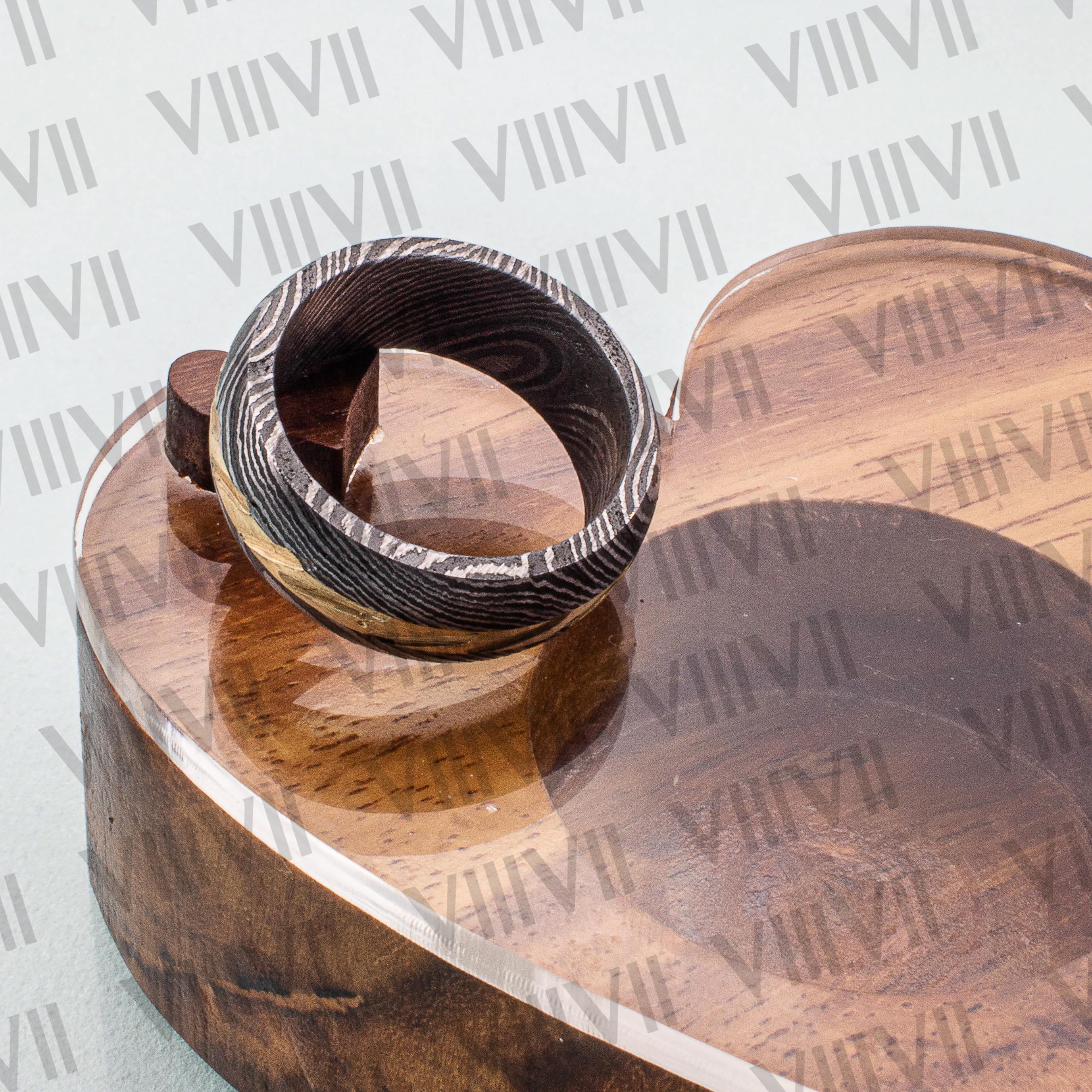 Damascus steel ring with brass cut inlay style comes in rosewood gift box