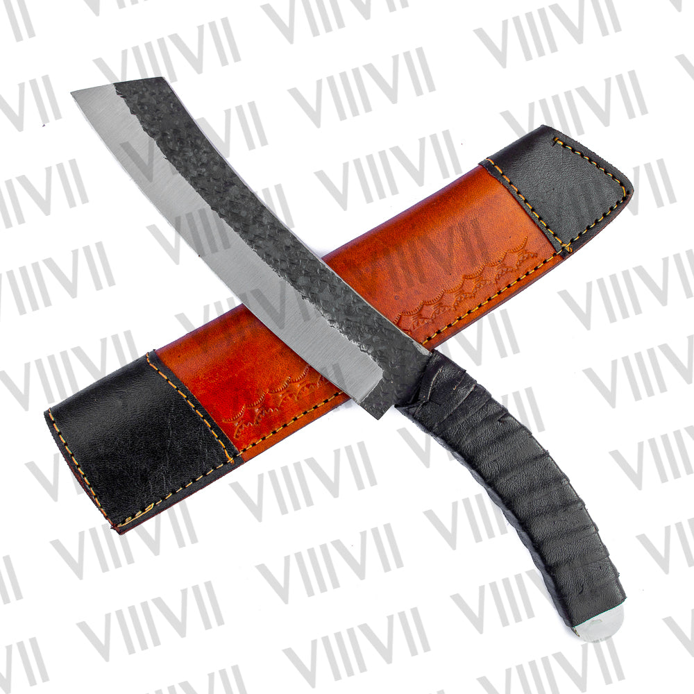 Hand Forged Tanto-Style Cleaver Leather Wrapped Handle Unique Handmade Gift for Him