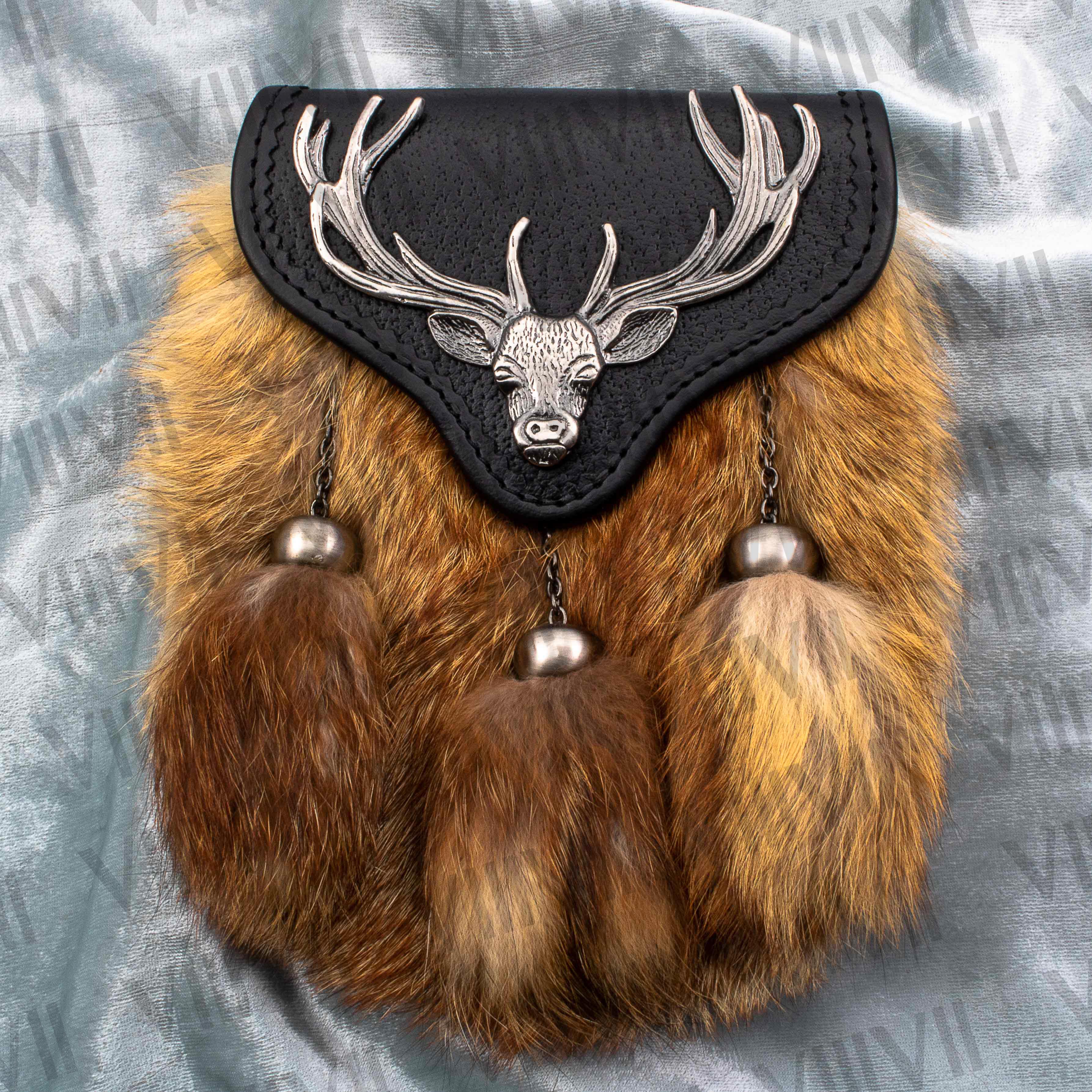 Stag Badge Sporran with Brown Fox Fur Handmade from Genuine Leather for Scottish Weddings, Highland Games, Parades & Clan Events