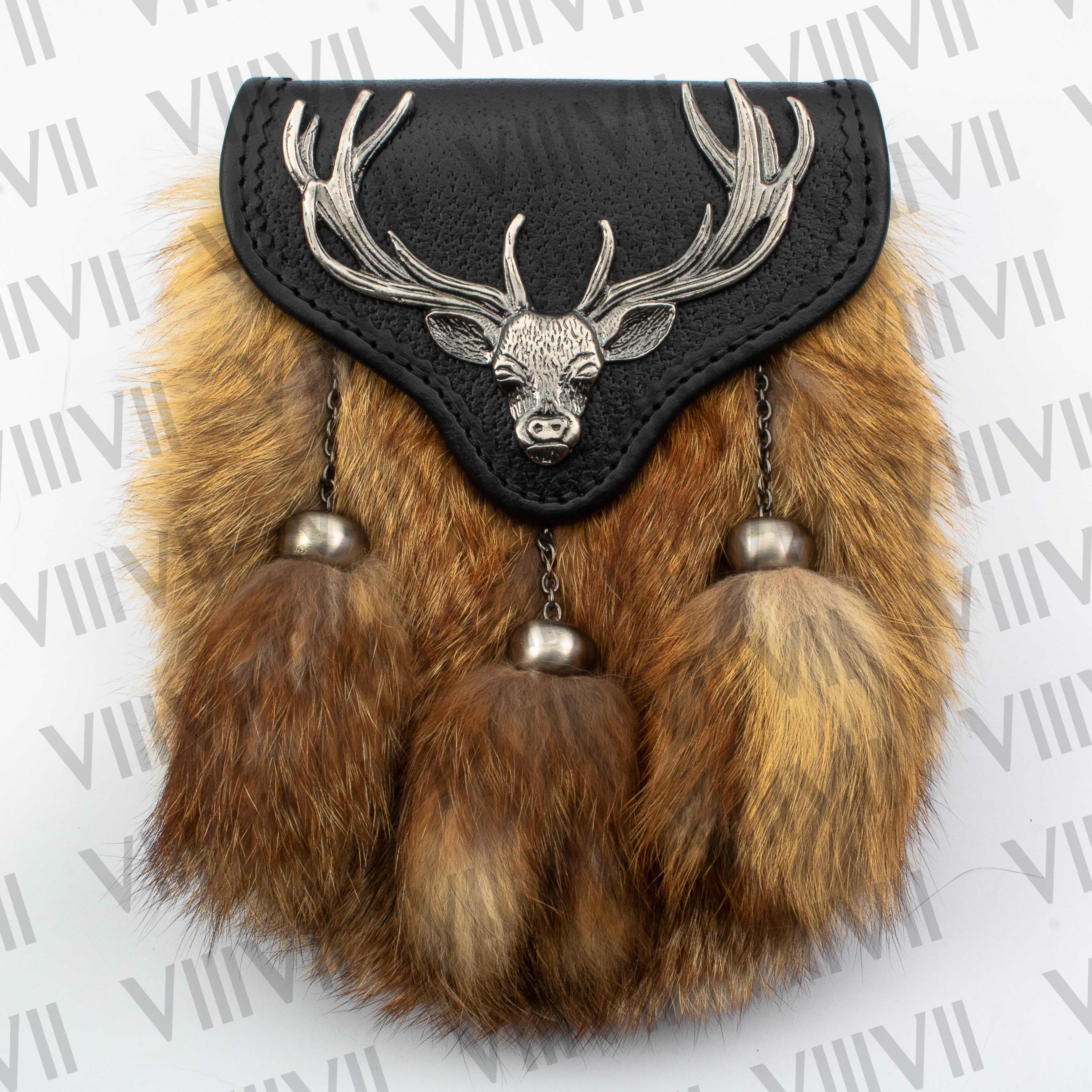 Stag Badge Sporran with Brown Fox Fur Handmade from Genuine Leather for Scottish Weddings, Highland Games, Parades & Clan Events