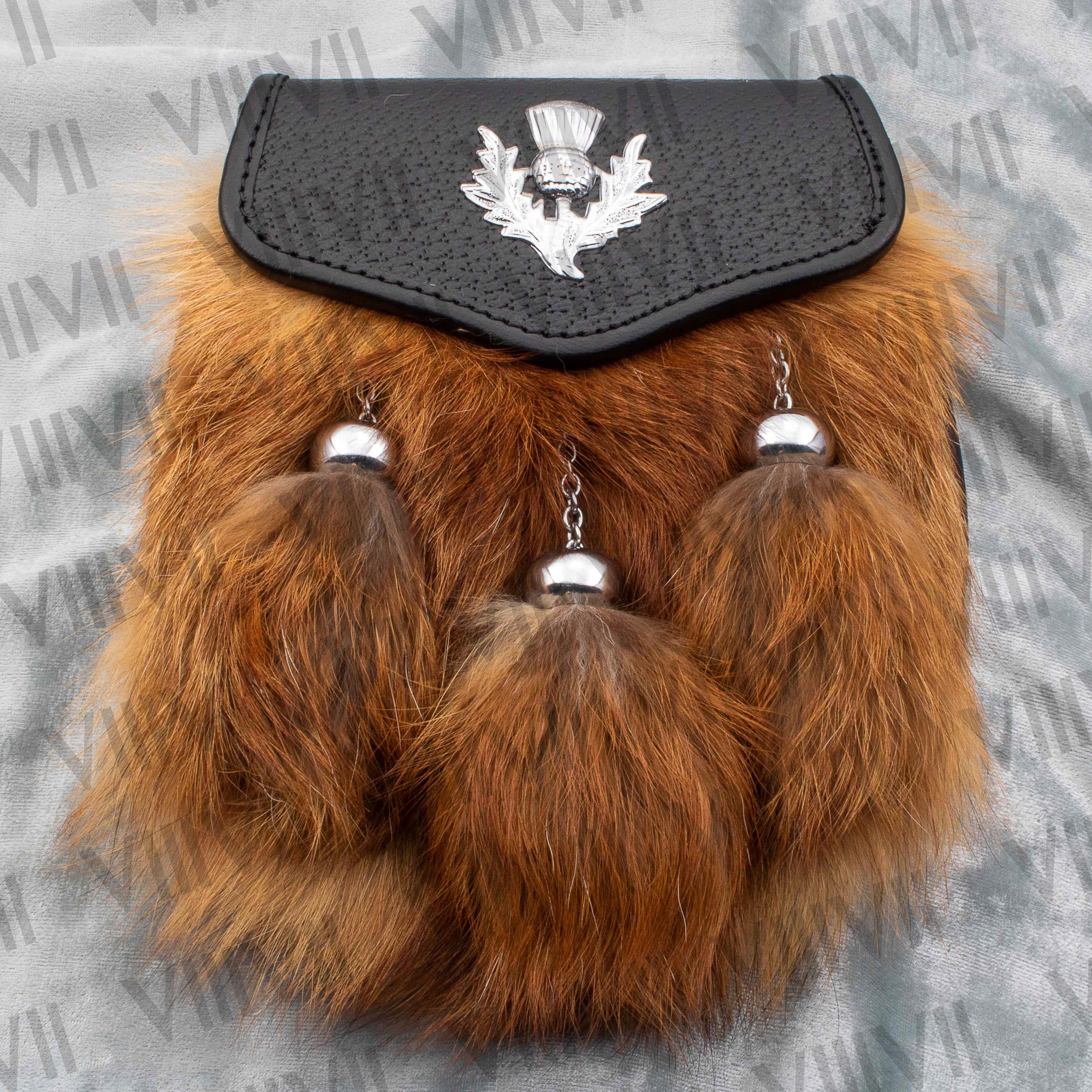 Thistle Badge Sporran with Red Fox Fur Handmade from Genuine Leather for Scottish Weddings Highland Games & Clan Gatherings