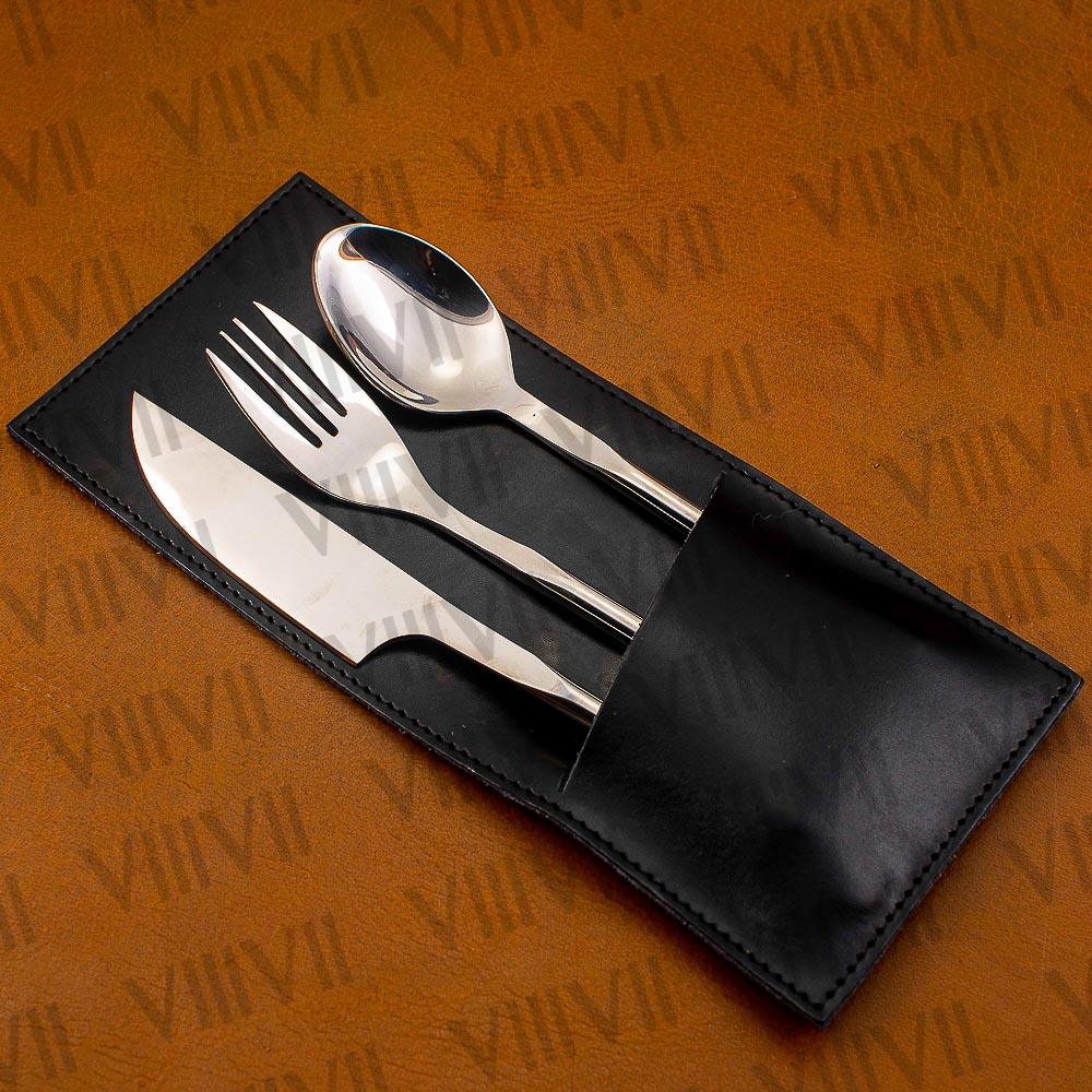 Viking cutlery set hand forged in medieval knot work style & mirror polished with aniline leather sheath