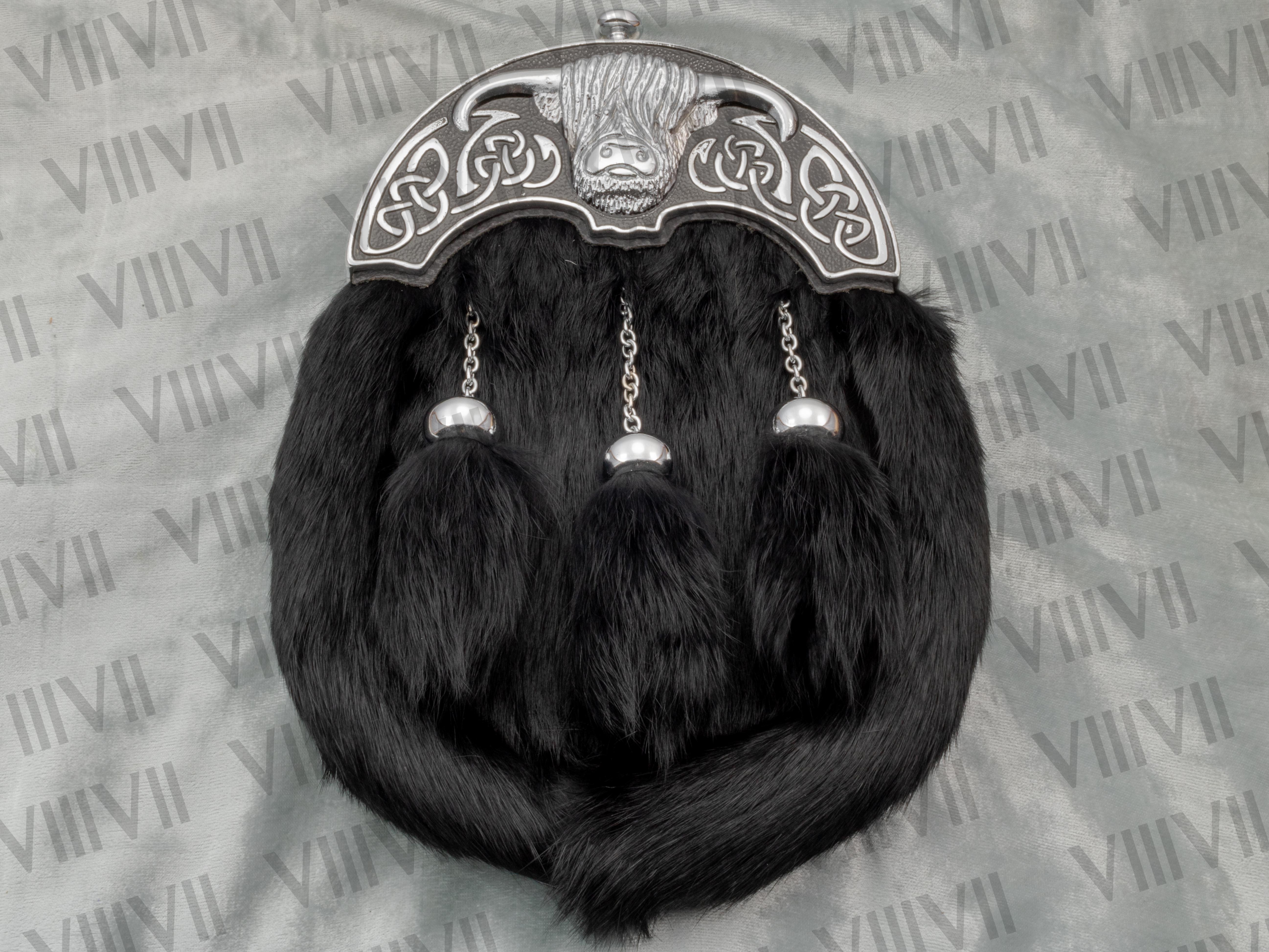 Black Rabbit Fur Sporran Full Dress with Chrome Bull Cantle for Highland Games Scottish Weddings Clan Gatherings Burns Night Parades