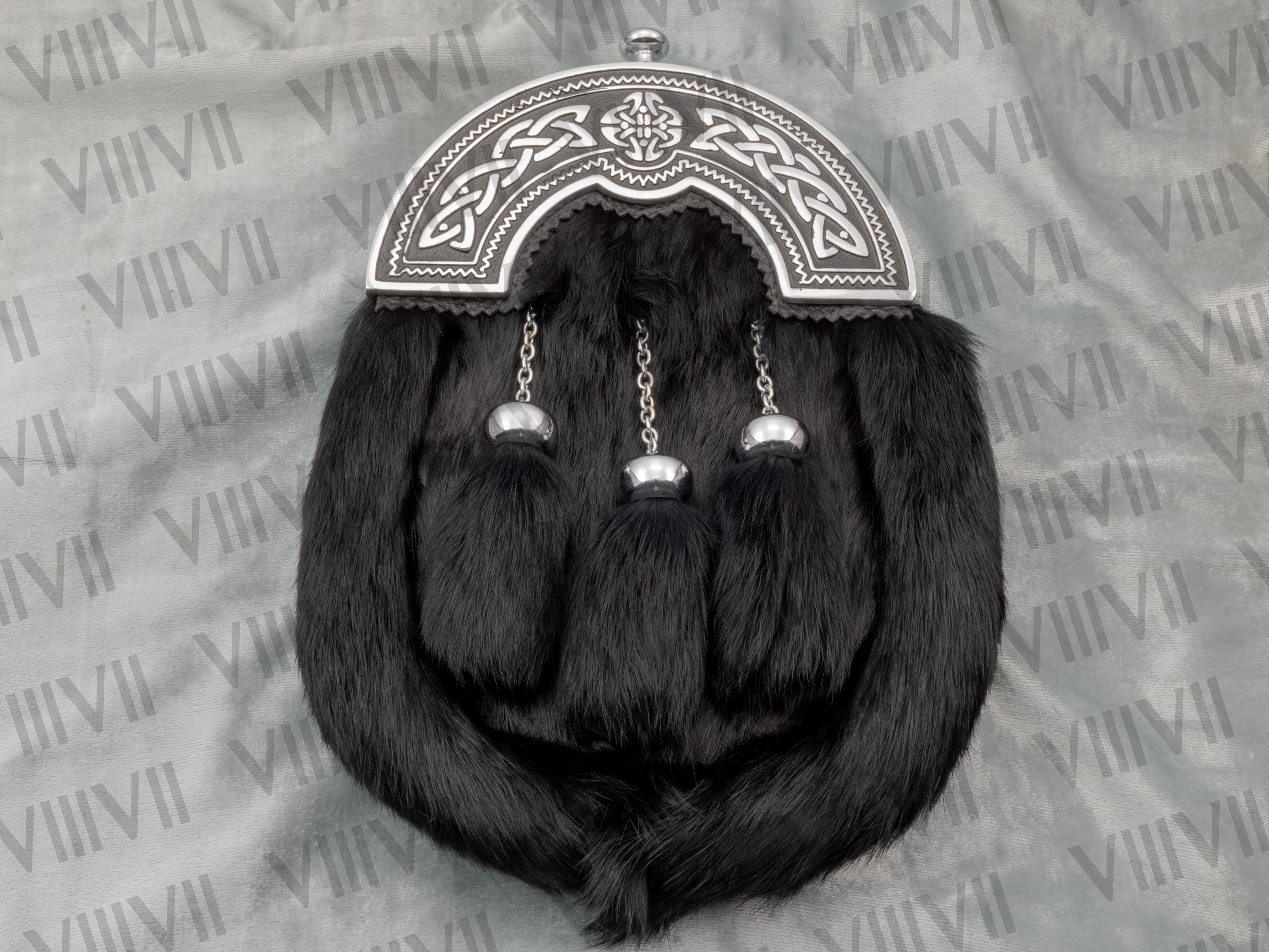 Black Rabbit Fur Sporran Full Dress Chrome Celtic Cantle for Highland Games Scottish Weddings Clan Events Burns Night Parades Ceilidhs