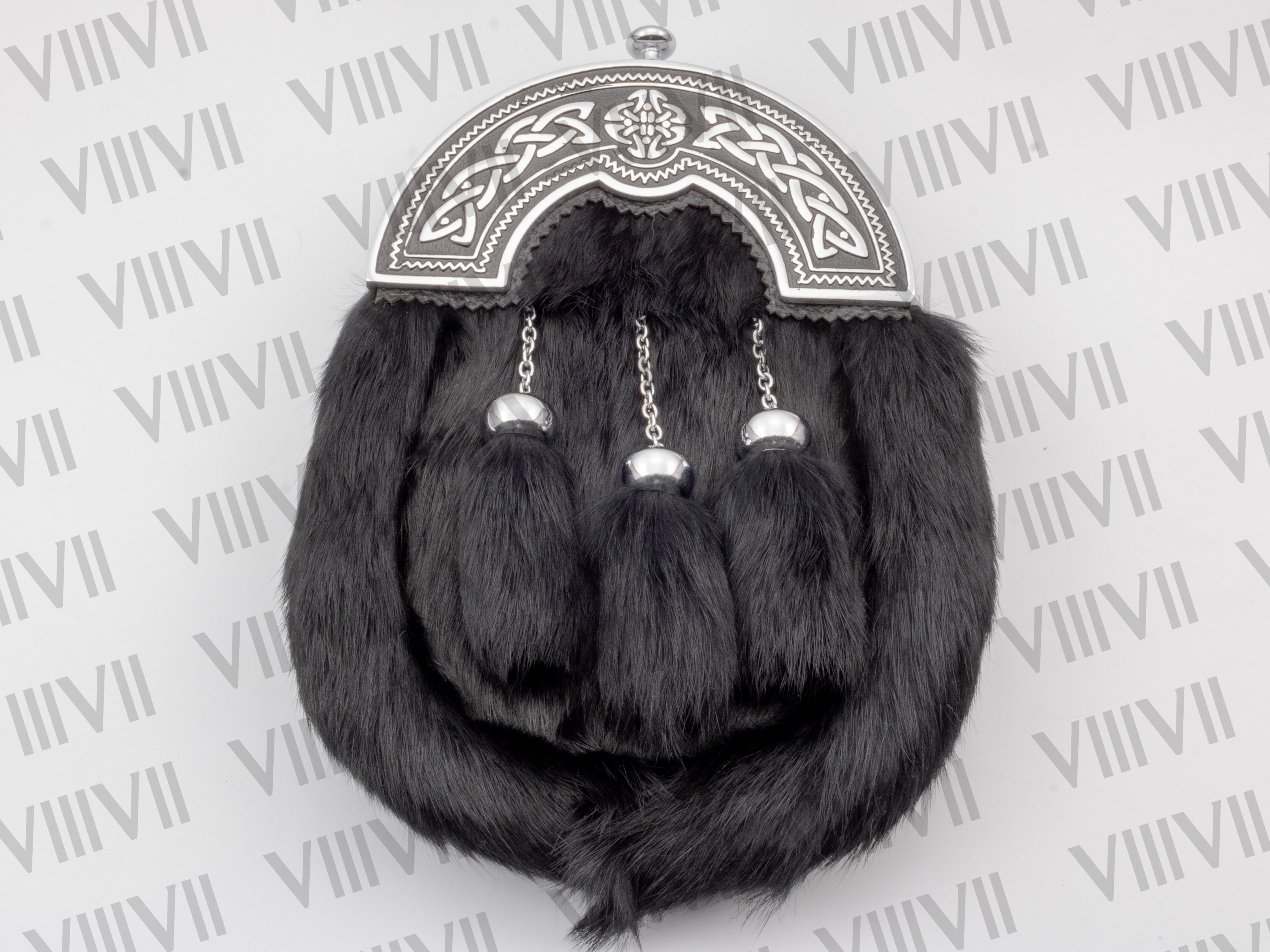 Black Rabbit Fur Sporran Full Dress Chrome Celtic Cantle for Highland Games Scottish Weddings Clan Events Burns Night Parades Ceilidhs