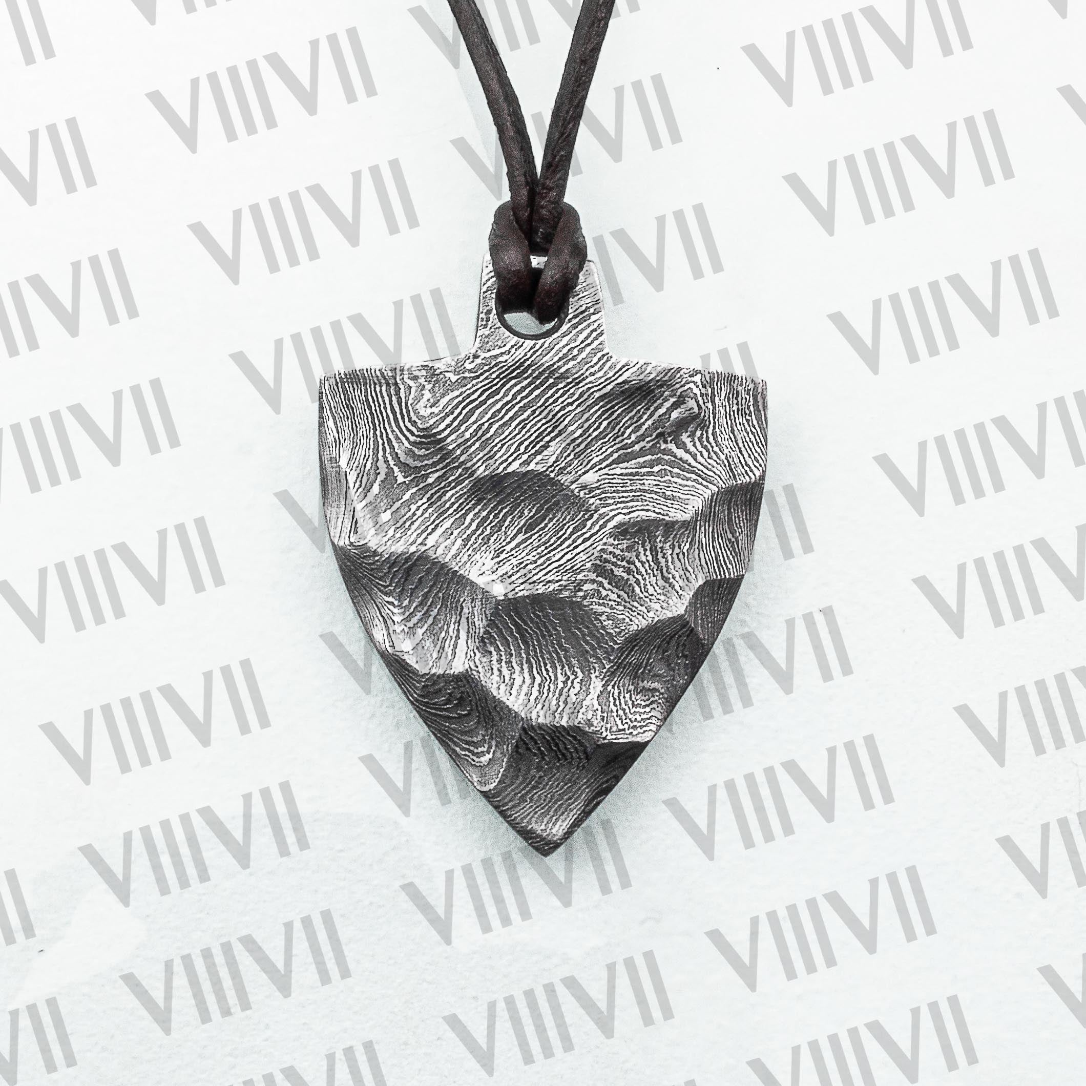 Shield pendant hand hammered style in Damascus steel comes in rosewood box