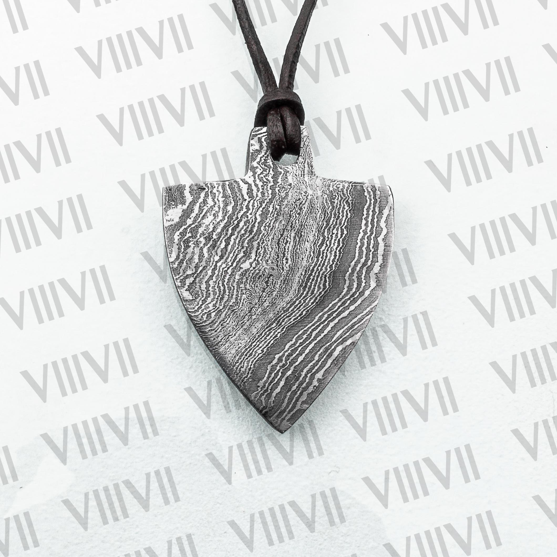 Shield pendant hand hammered style in Damascus steel comes in rosewood box