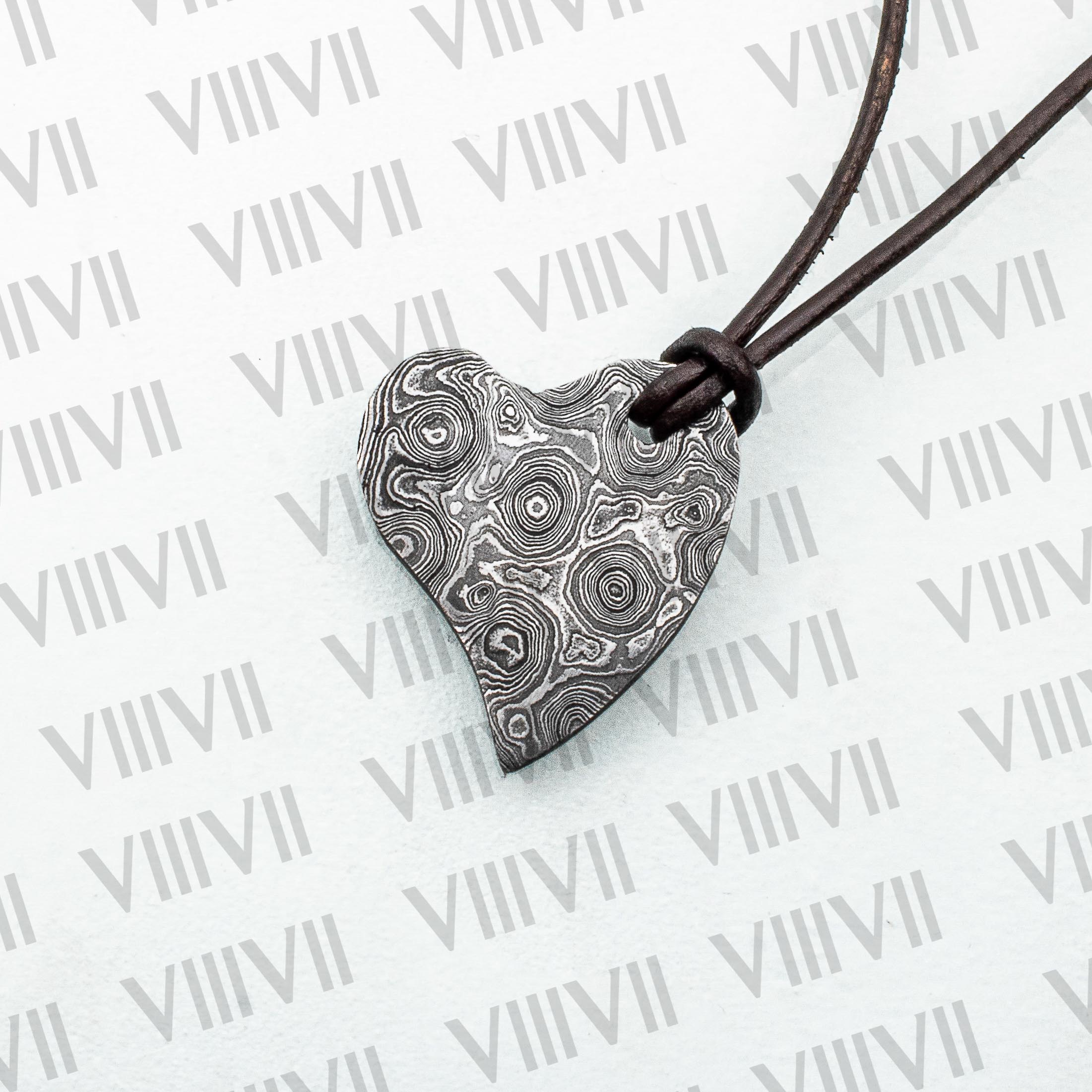 Forged heart pendant in Damascus steel comes in beautiful rosewood gift box