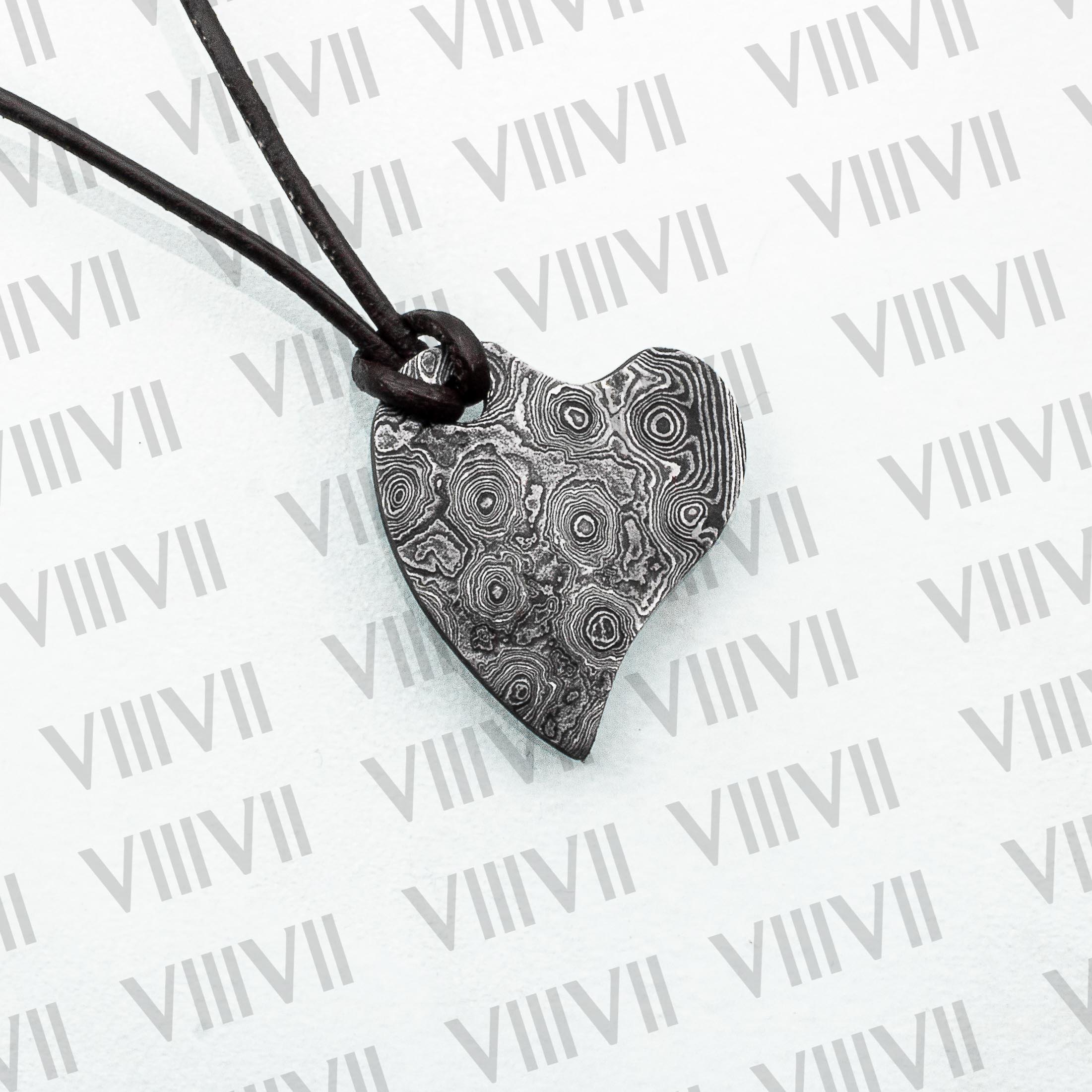 Forged heart pendant in Damascus steel comes in beautiful rosewood gift box