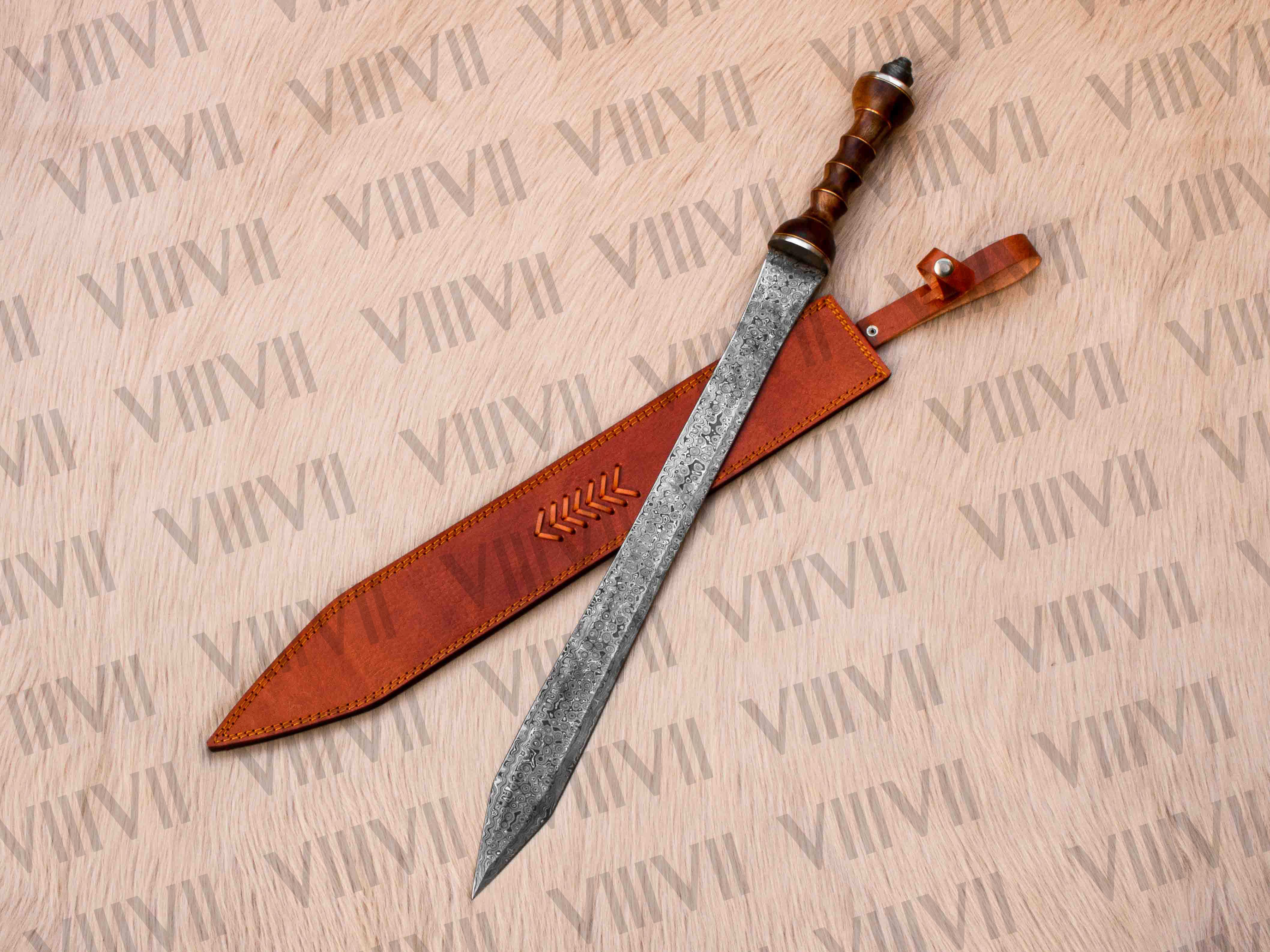 Damascus Steel Roman Gladiator Sword with Authentic Leather Sheath