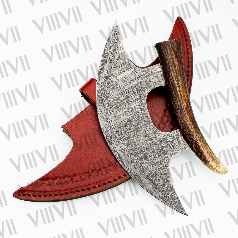 Handmade ULU Knife in Premium Damascus Steel with Antler Handle – Unique Crescent Design