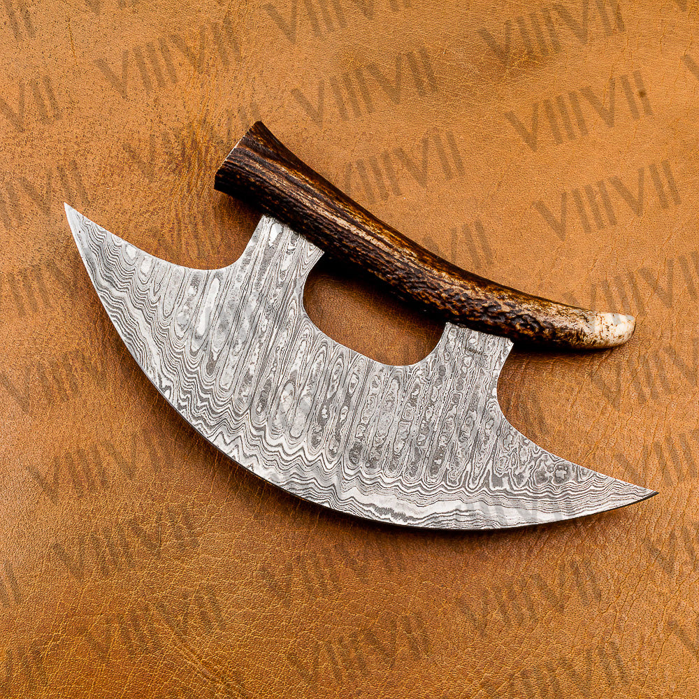 Handmade ULU Knife in Premium Damascus Steel with Antler Handle – Unique Crescent Design