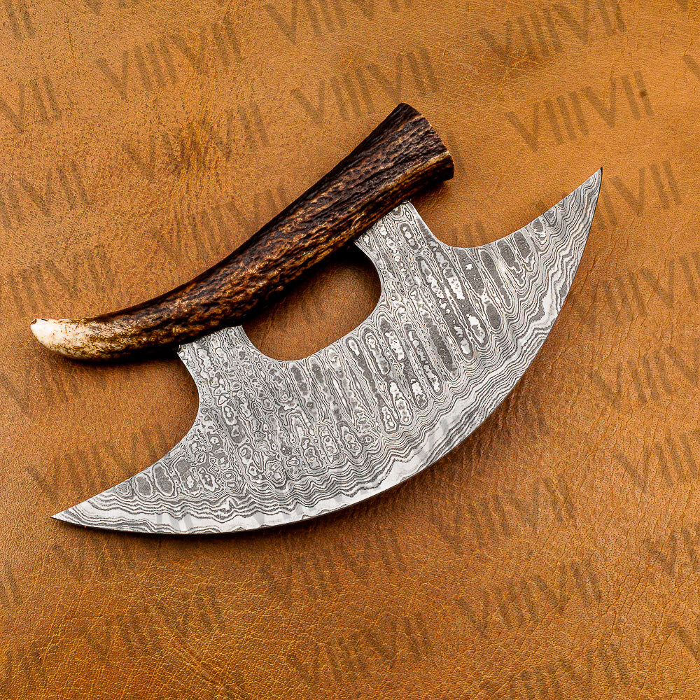 Handmade ULU Knife in Premium Damascus Steel with Antler Handle – Unique Crescent Design