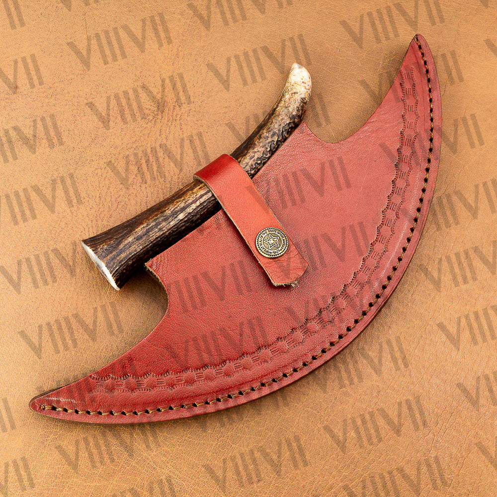 Handmade ULU Knife in Premium Damascus Steel with Antler Handle – Unique Crescent Design