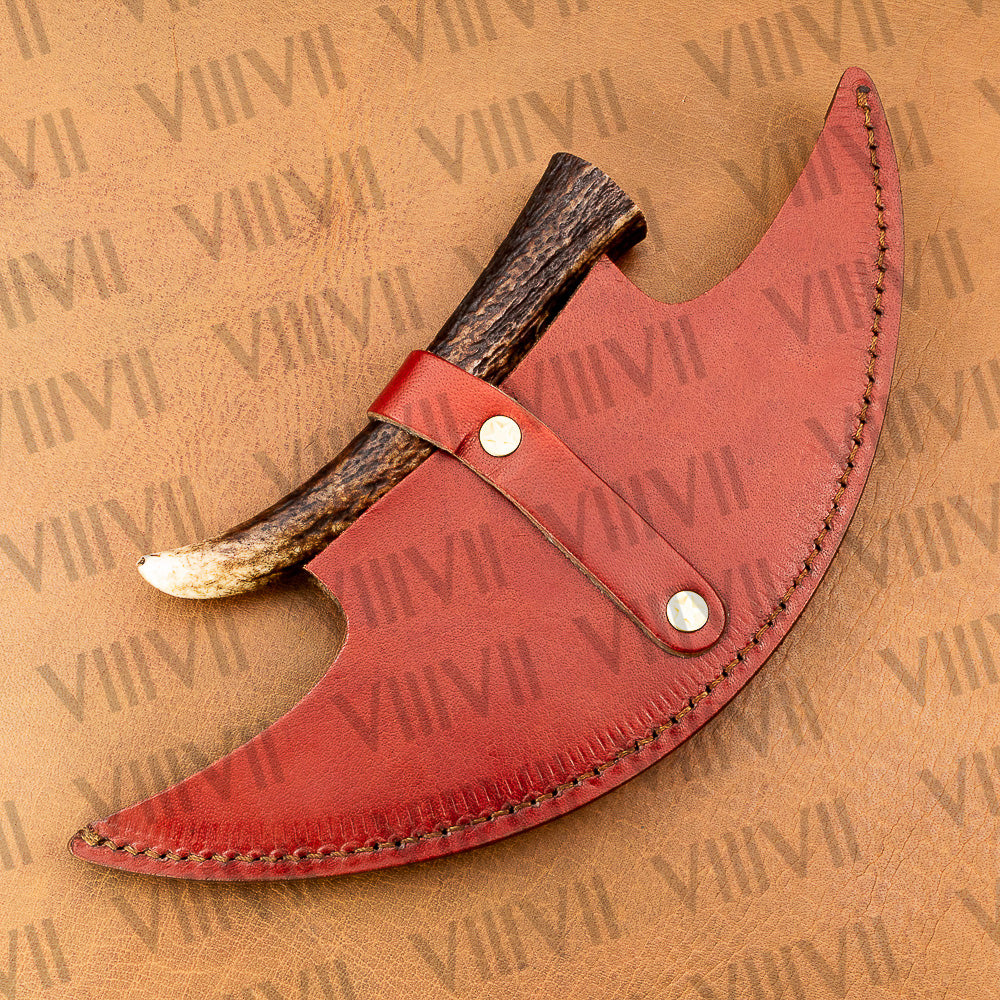 Handmade ULU Knife in Premium Damascus Steel with Antler Handle – Unique Crescent Design