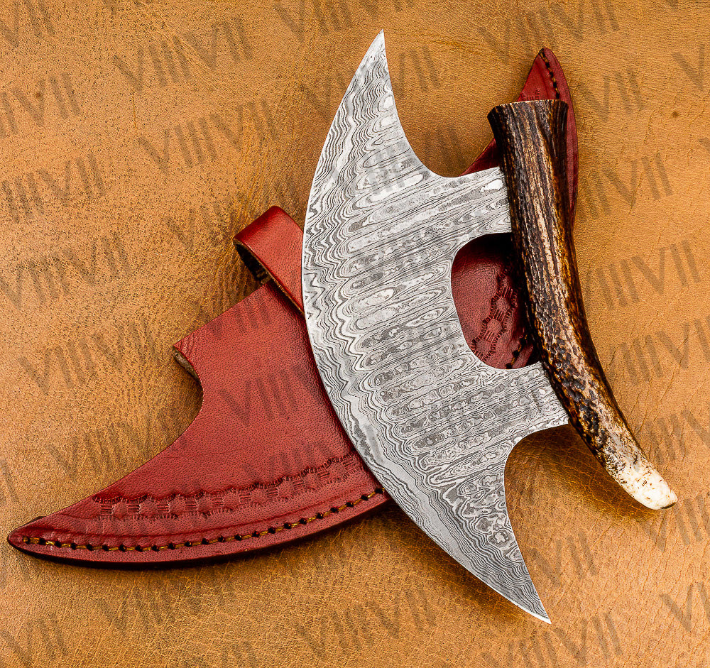 Handmade ULU Knife in Premium Damascus Steel with Antler Handle – Unique Crescent Design
