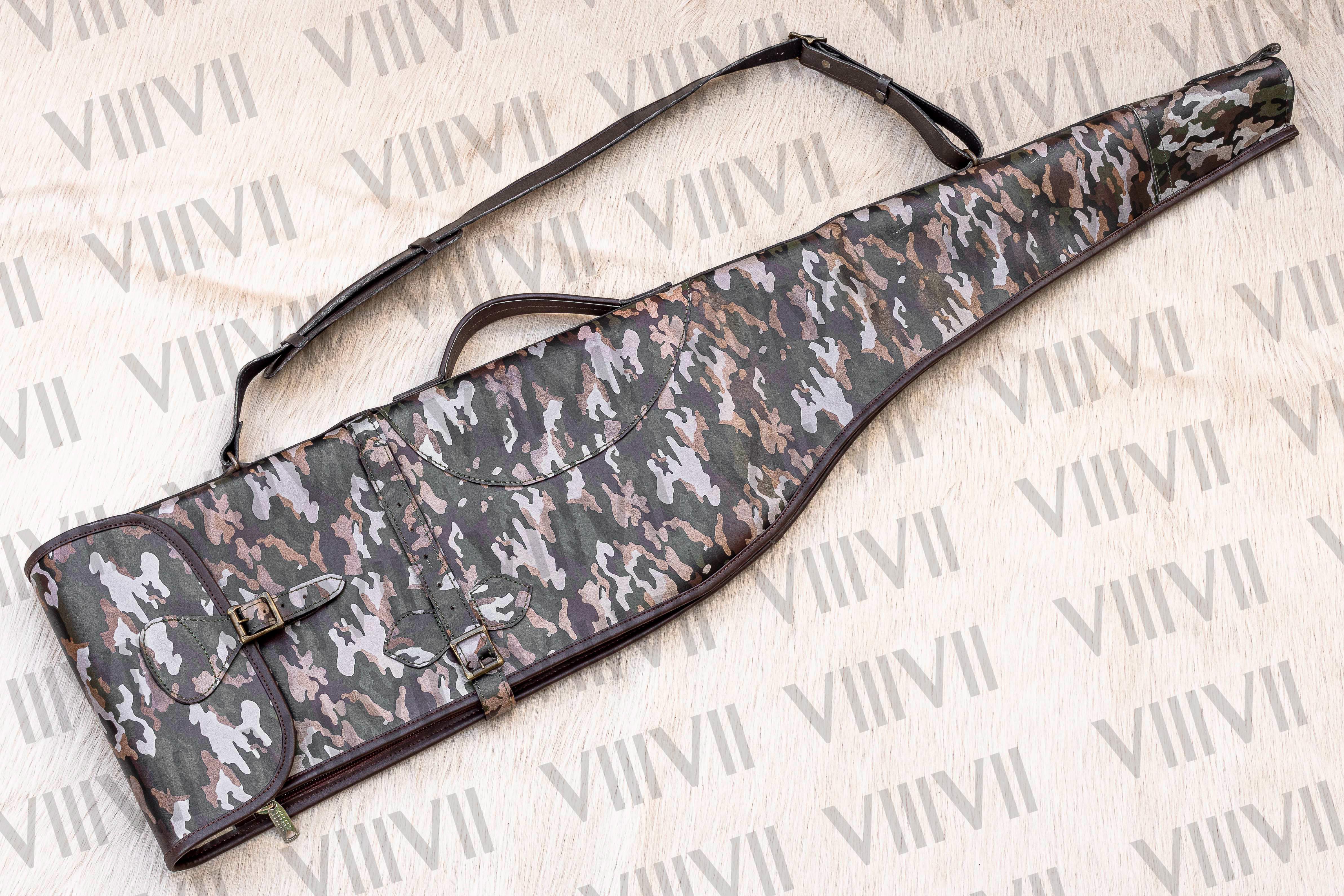 Camouflage Leather scoped Rifle case with shearling fur interior