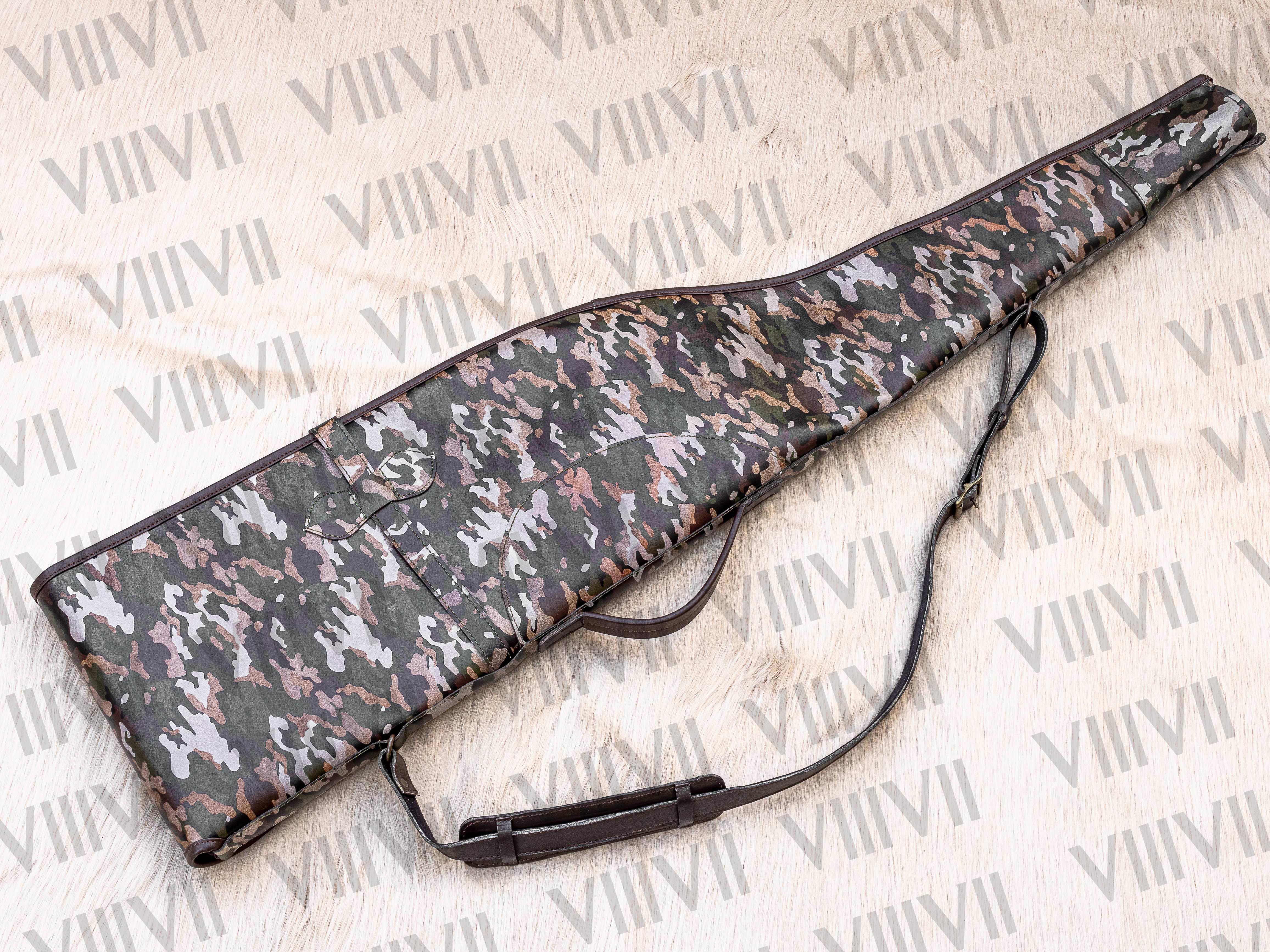 Camouflage Leather scoped Rifle case with shearling fur interior