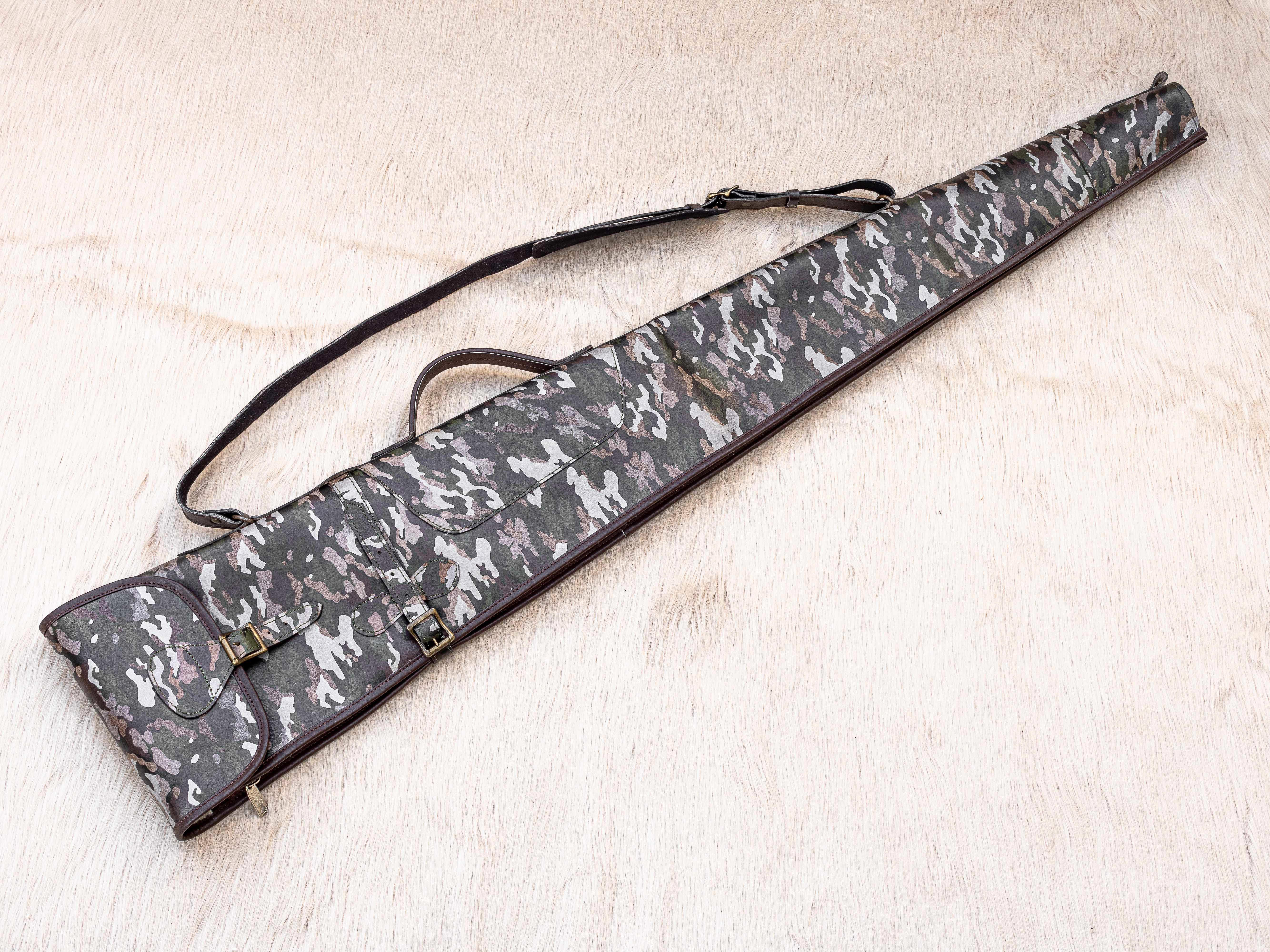 Camouflage Leather Rifle case with shearling fur interior, Premium scabbard
